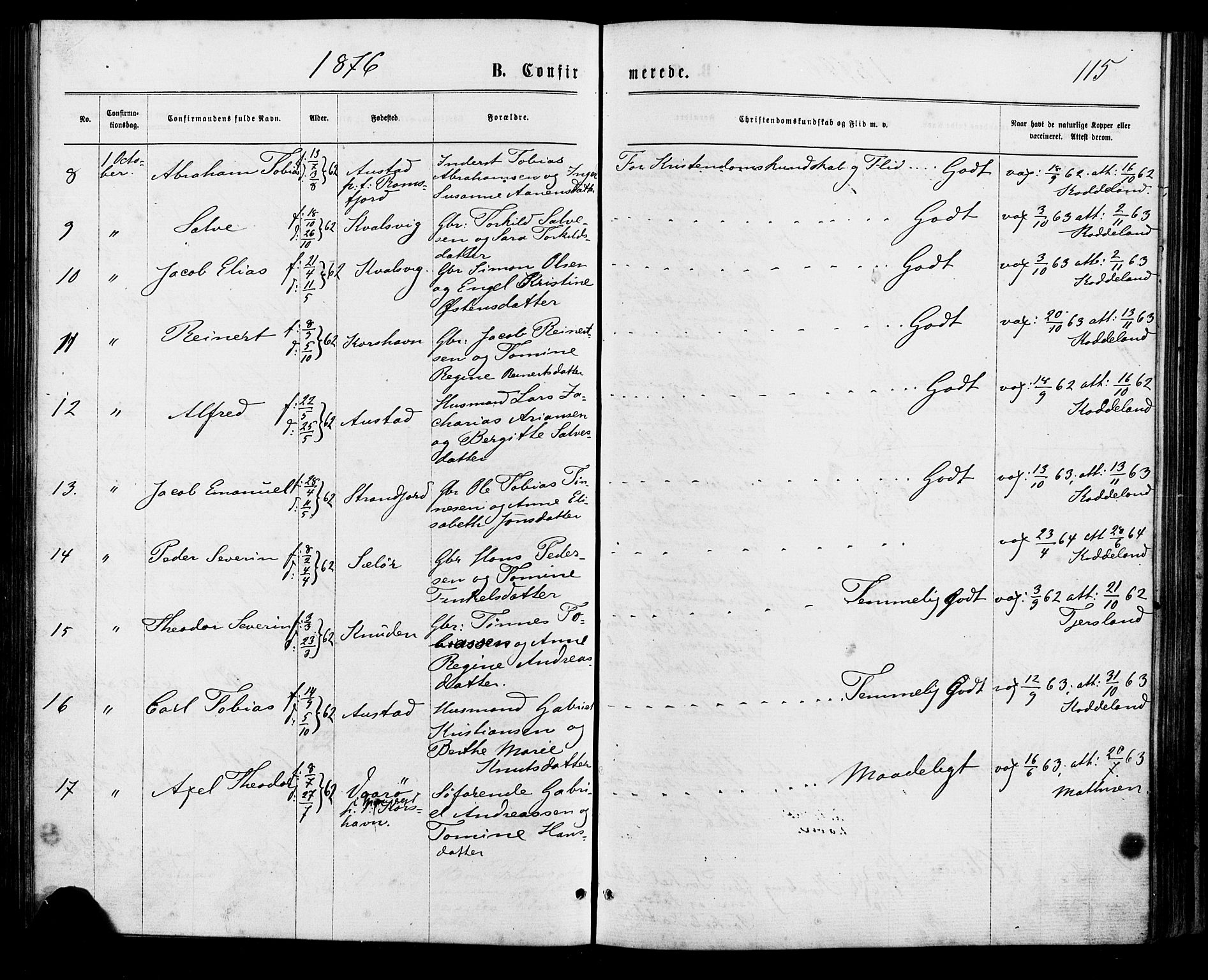 Lyngdal sokneprestkontor, SAK/1111-0029/F/Fa/Faa/L0003: Parish register (official) no. A 3, 1871-1882, p. 115