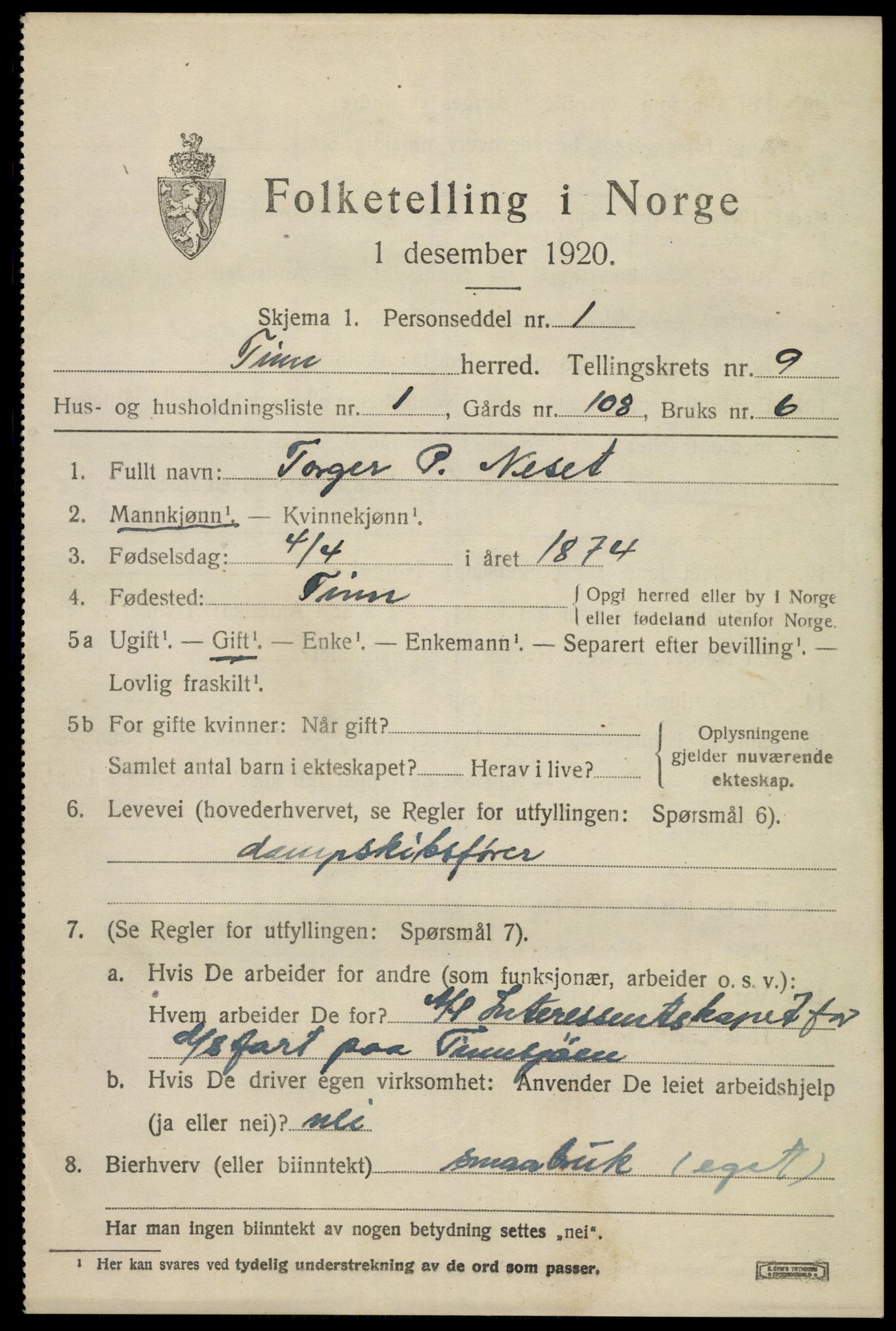 SAKO, 1920 census for Tinn, 1920, p. 5948