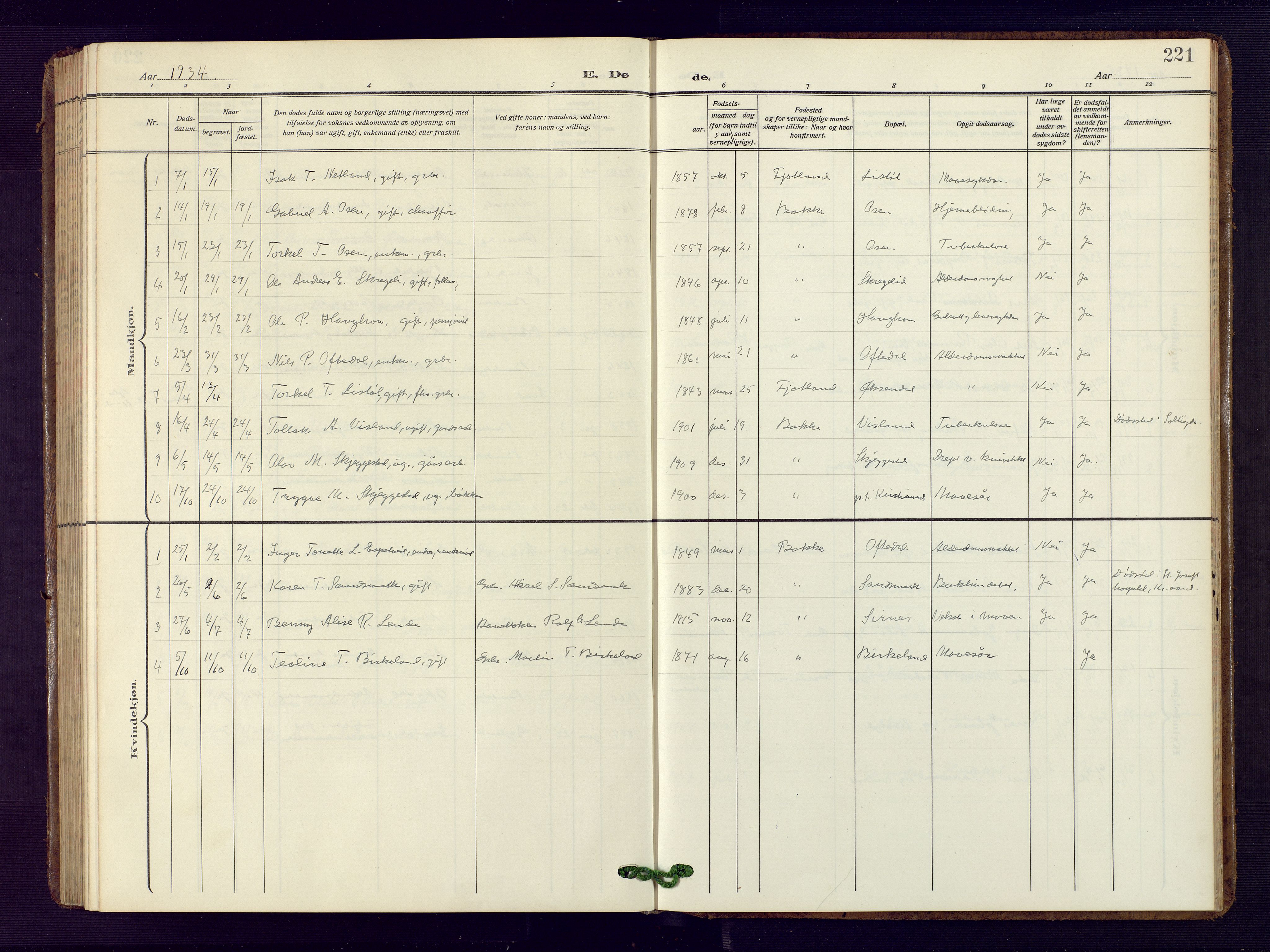 Bakke sokneprestkontor, AV/SAK-1111-0002/F/Fb/Fba/L0004: Parish register (copy) no. B 4, 1911-1946, p. 221