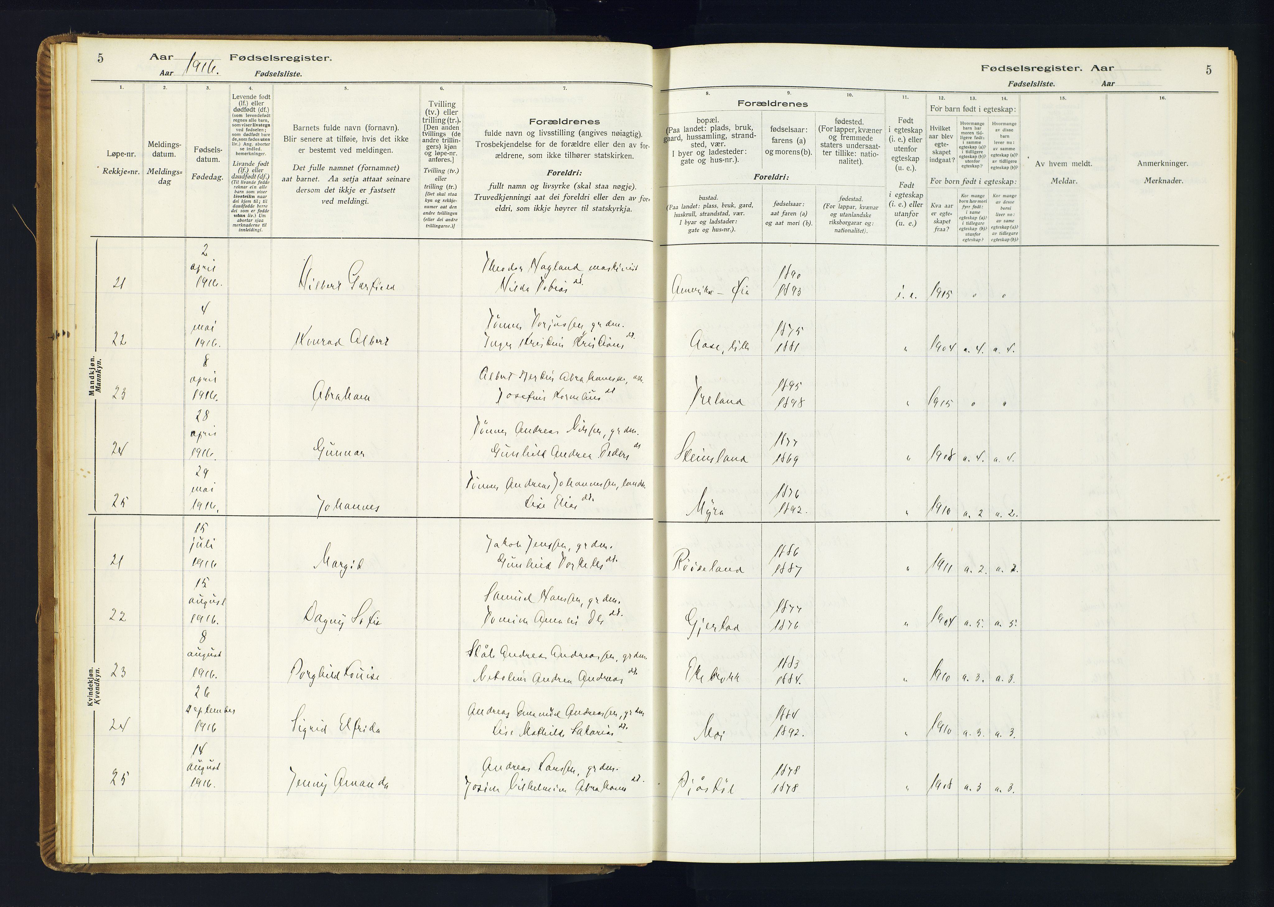 Kvinesdal sokneprestkontor, AV/SAK-1111-0026/J/Ja/L0001: Birth register no. 1, 1916-1941, p. 5