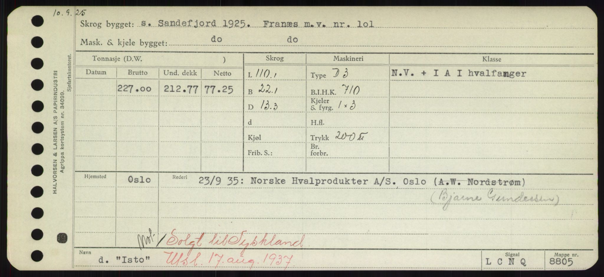 Sjøfartsdirektoratet med forløpere, Skipsmålingen, RA/S-1627/H/Hd/L0018: Fartøy, I, p. 309