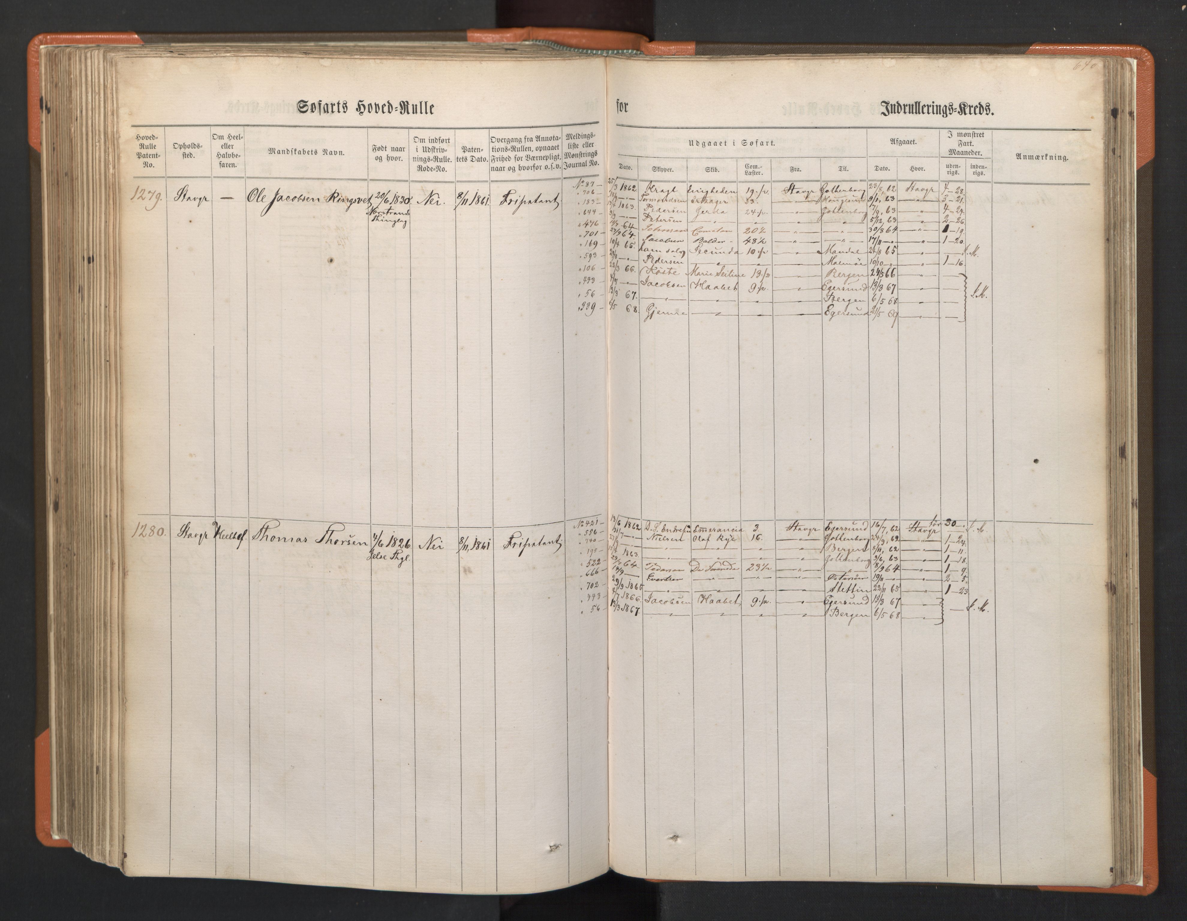 Stavanger sjømannskontor, AV/SAST-A-102006/F/Fb/Fbb/L0002: Sjøfartshovedrulle, patentnr. 721-1450 (del 2), 1863, p. 286