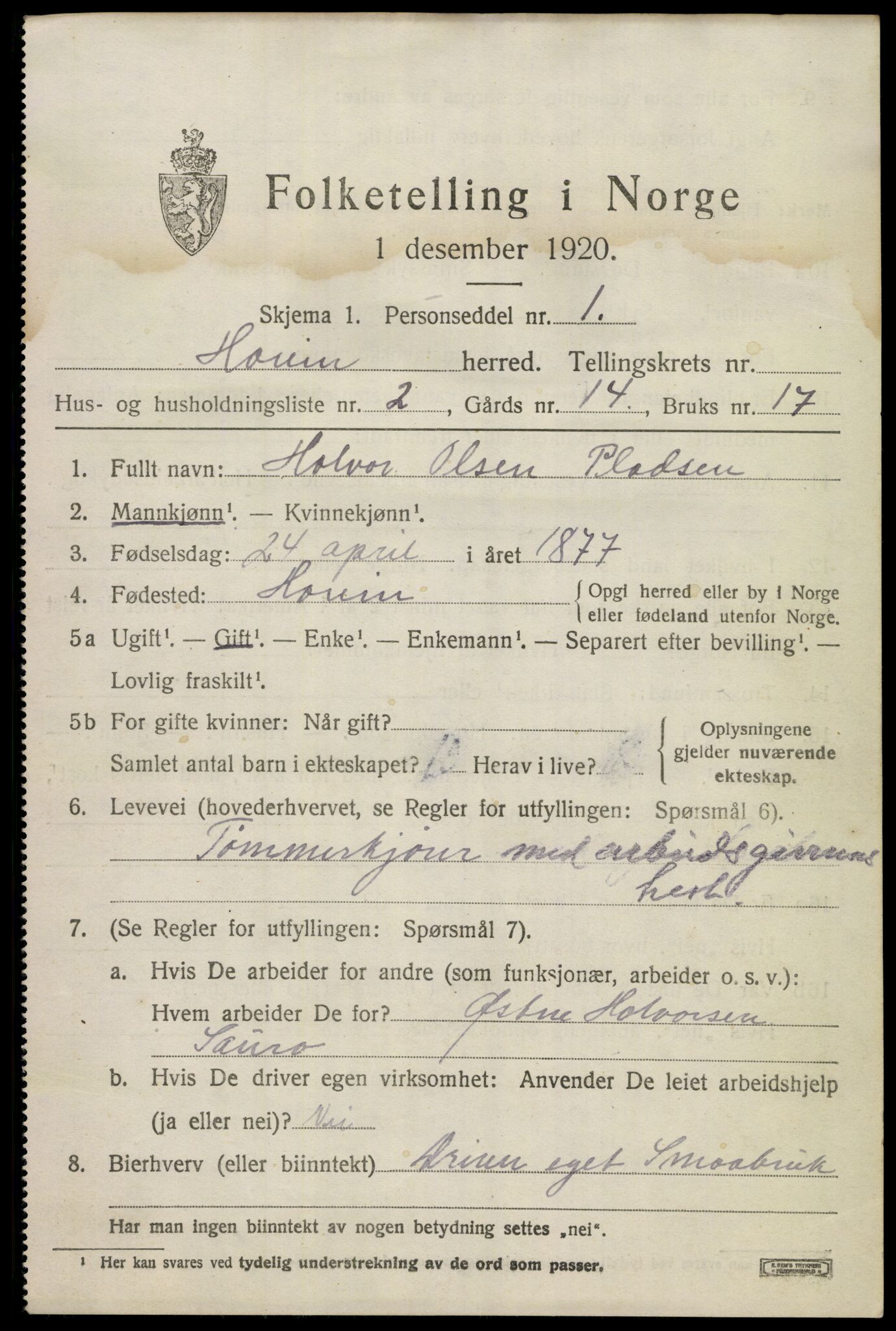 SAKO, 1920 census for Hovin, 1920, p. 985