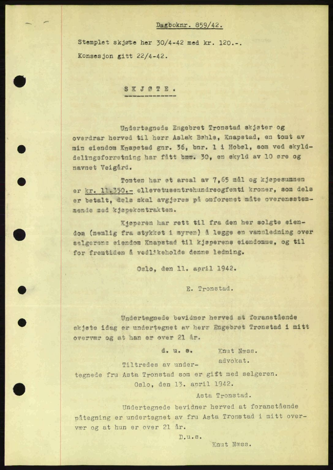 Moss sorenskriveri, SAO/A-10168: Mortgage book no. A9, 1941-1942, Diary no: : 859/1942