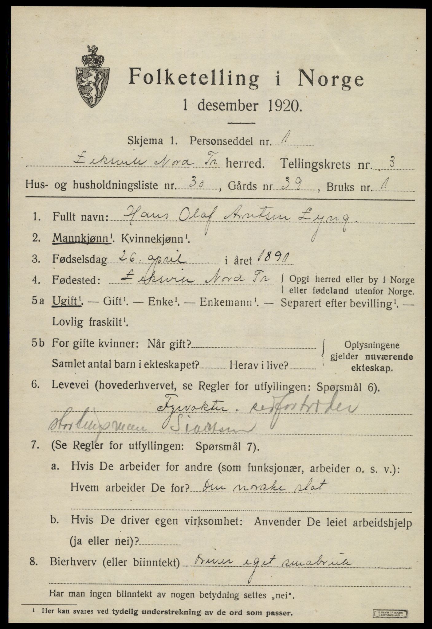 SAT, 1920 census for Leksvik, 1920, p. 3254