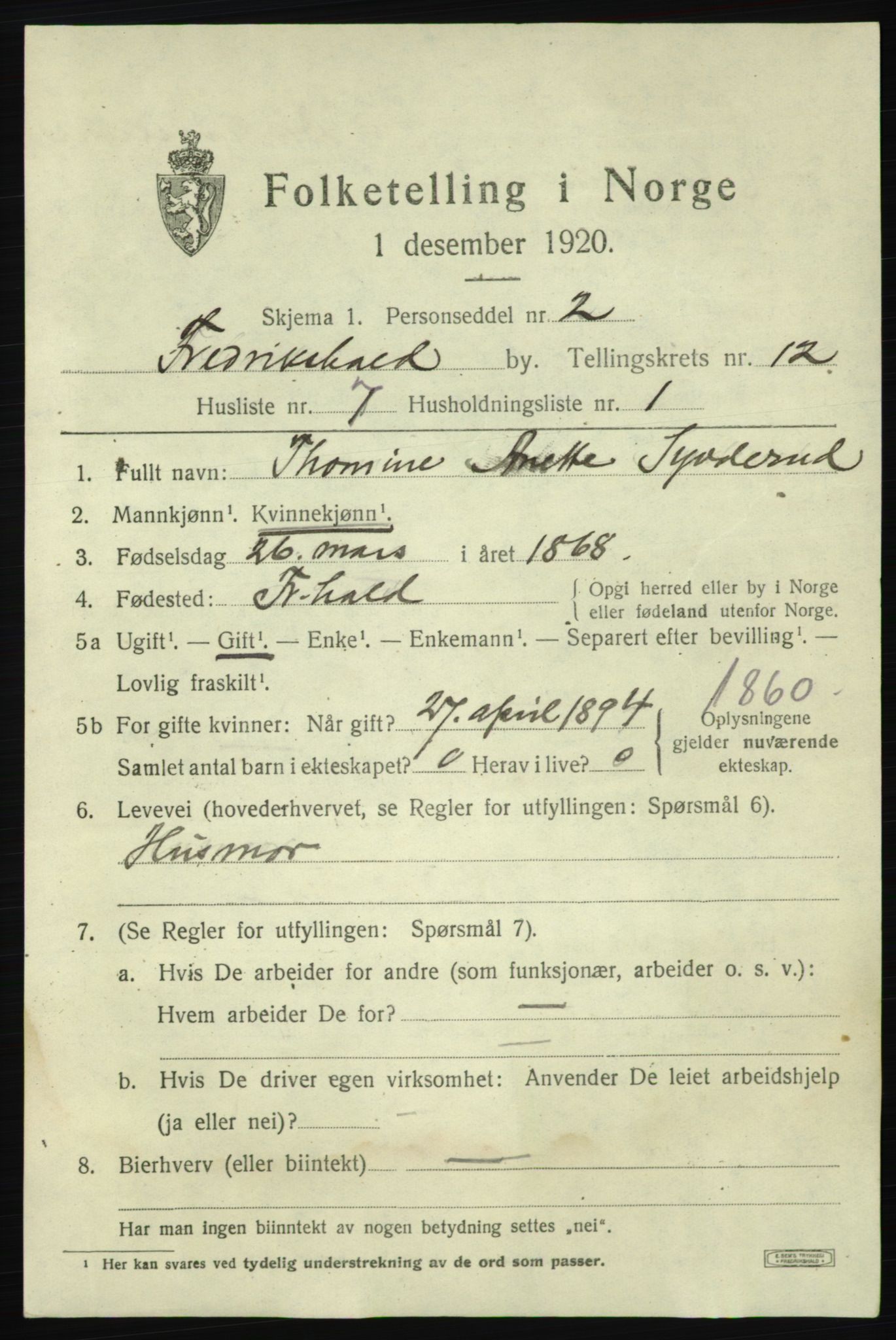 SAO, 1920 census for Fredrikshald, 1920, p. 20031