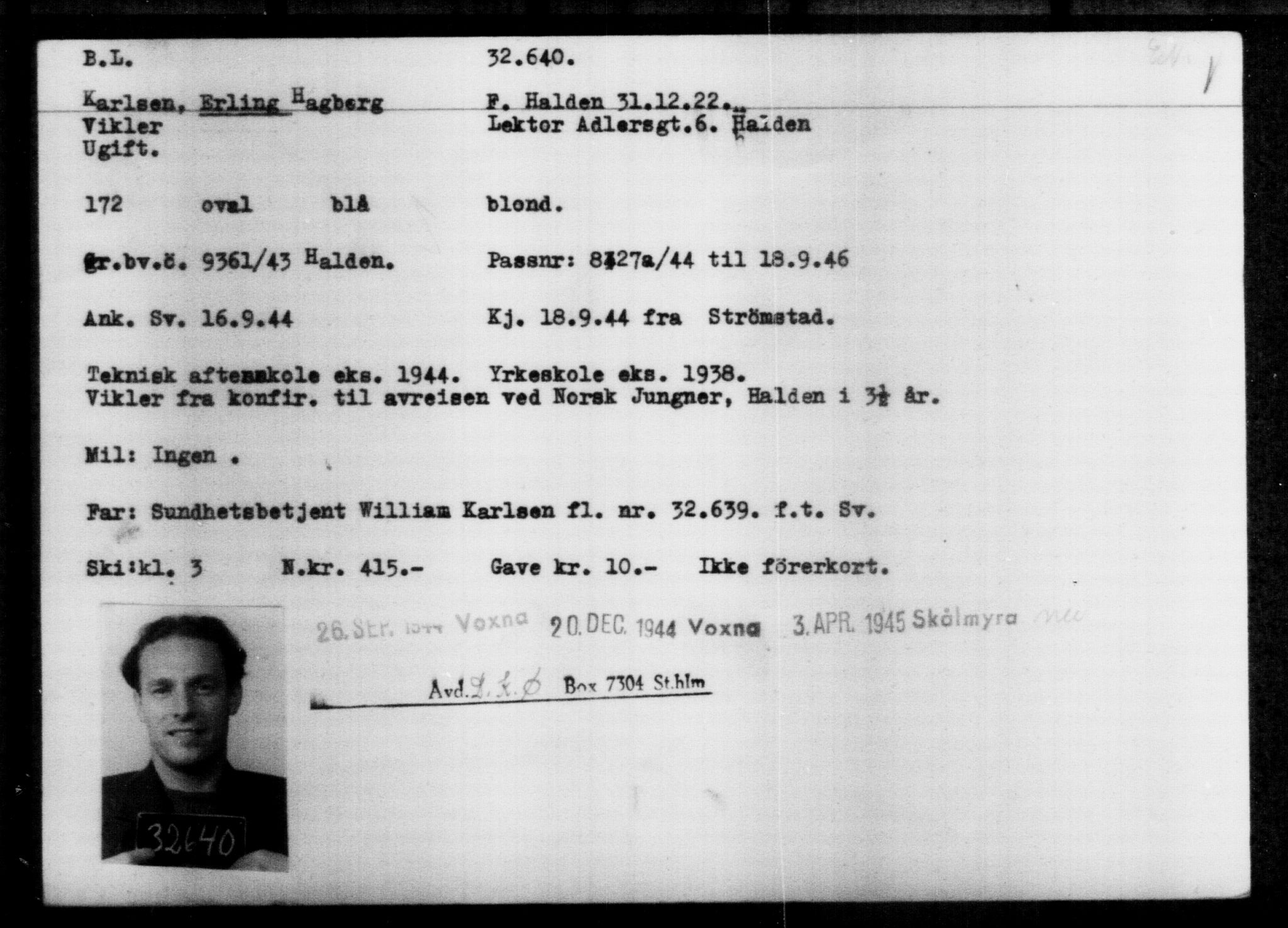 Utenriksstasjonene, Legasjonen i Stockholm, Flyktningkontoret, AV/RA-S-6753/V/Va/L0013: Kjesäterkartoteket, flyktninger med registreringsnr. 31500-34731, 1940-1945, p. 1203