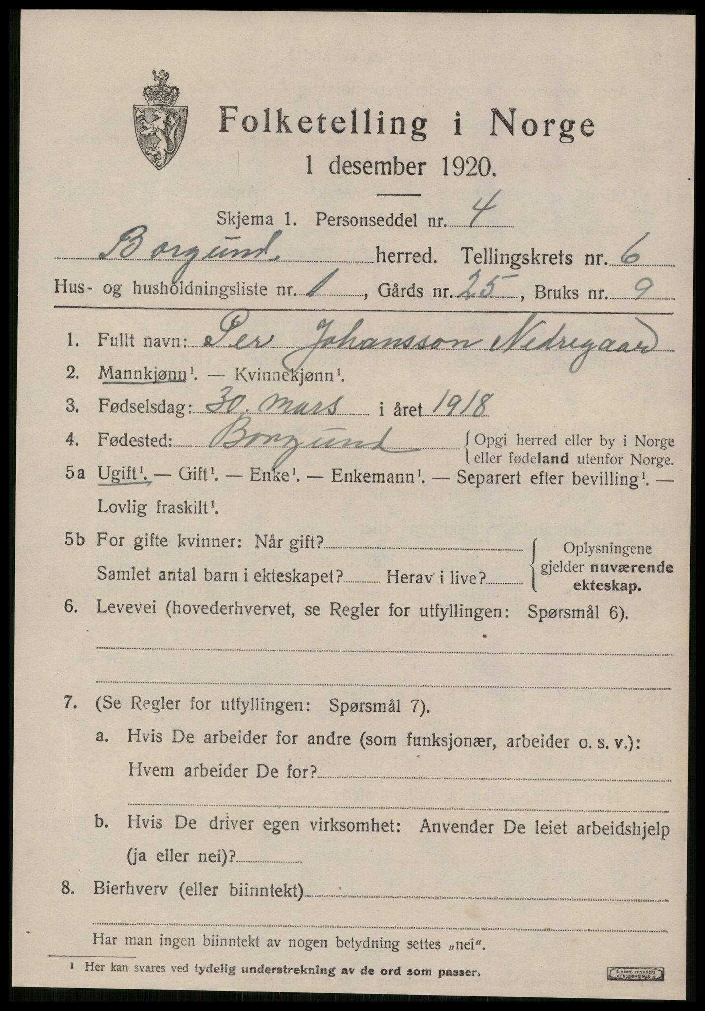 SAT, 1920 census for Borgund, 1920, p. 5114