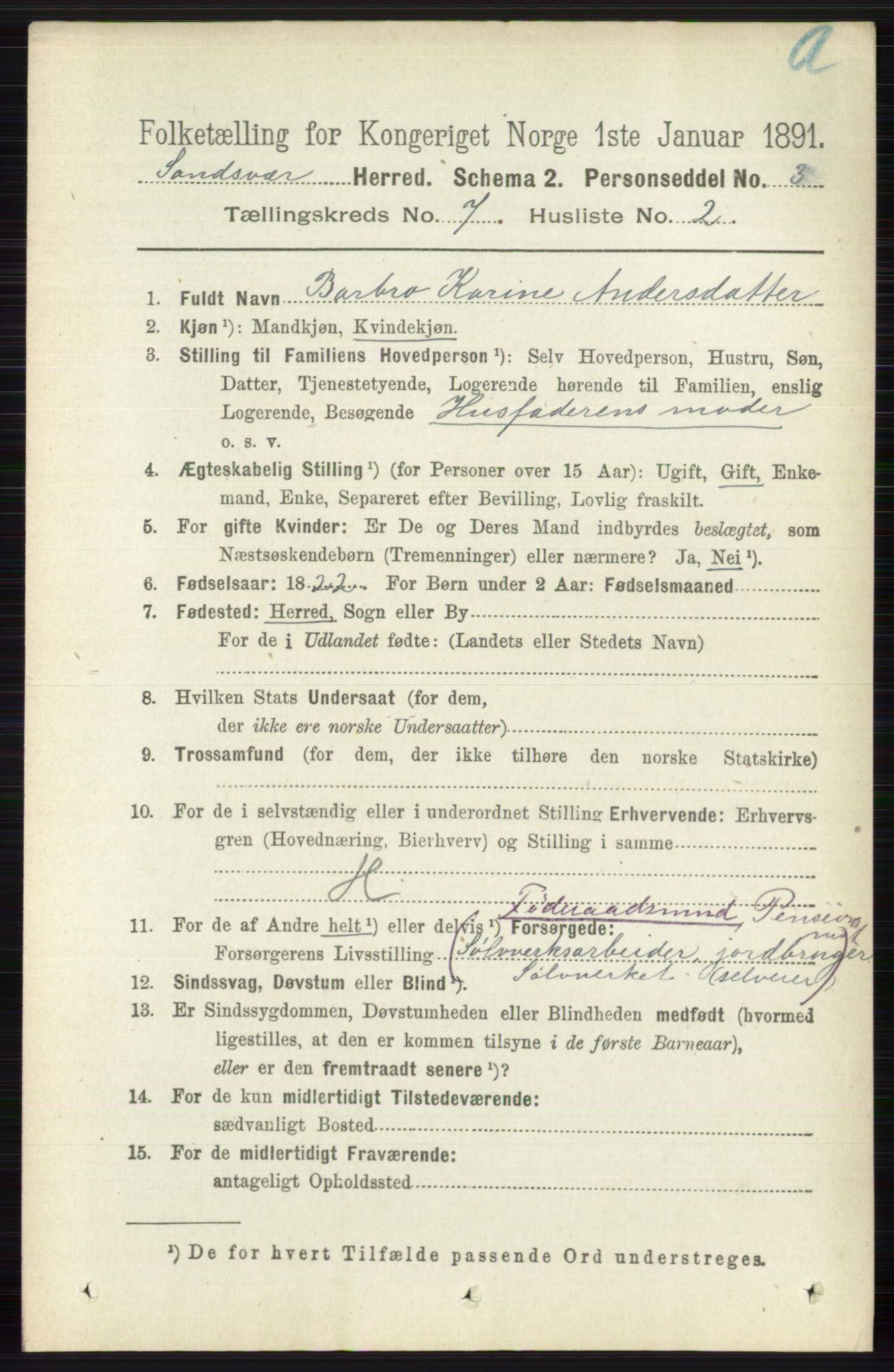 RA, 1891 census for 0629 Sandsvær, 1891, p. 3990