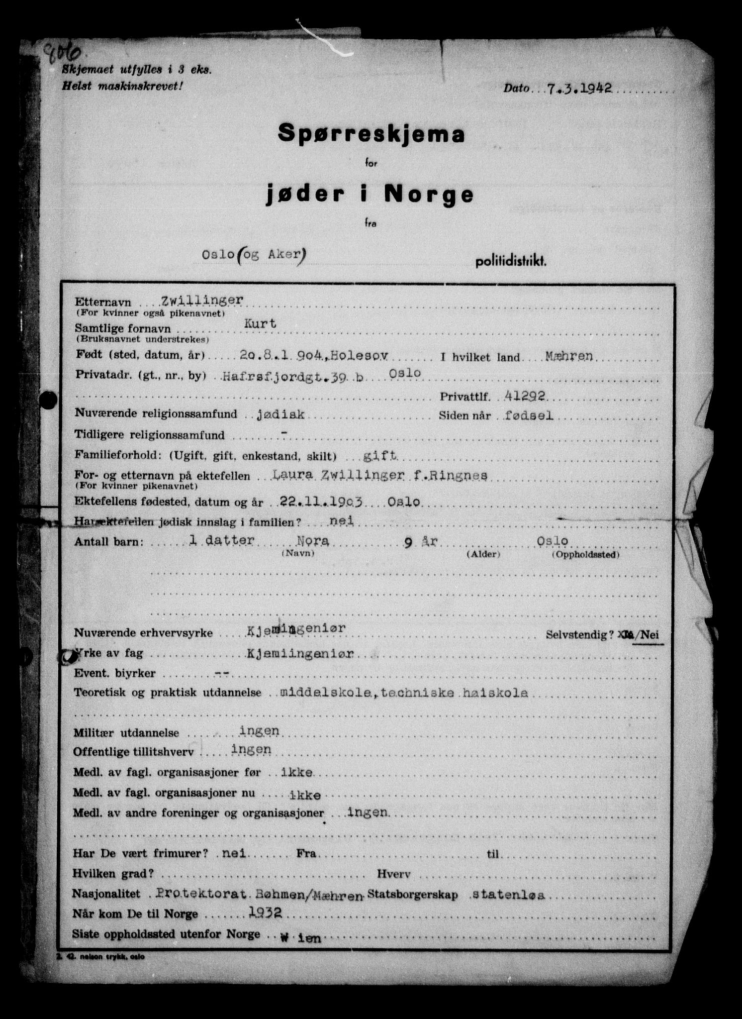 Statspolitiet - Hovedkontoret / Osloavdelingen, AV/RA-S-1329/G/Ga/L0011: Spørreskjema for jøder i Norge. 1: Oslo 610-806 (Plavnik-Zwillinger). 2: Aker 1-113 (Adler-Lewin). , 1942, p. 584