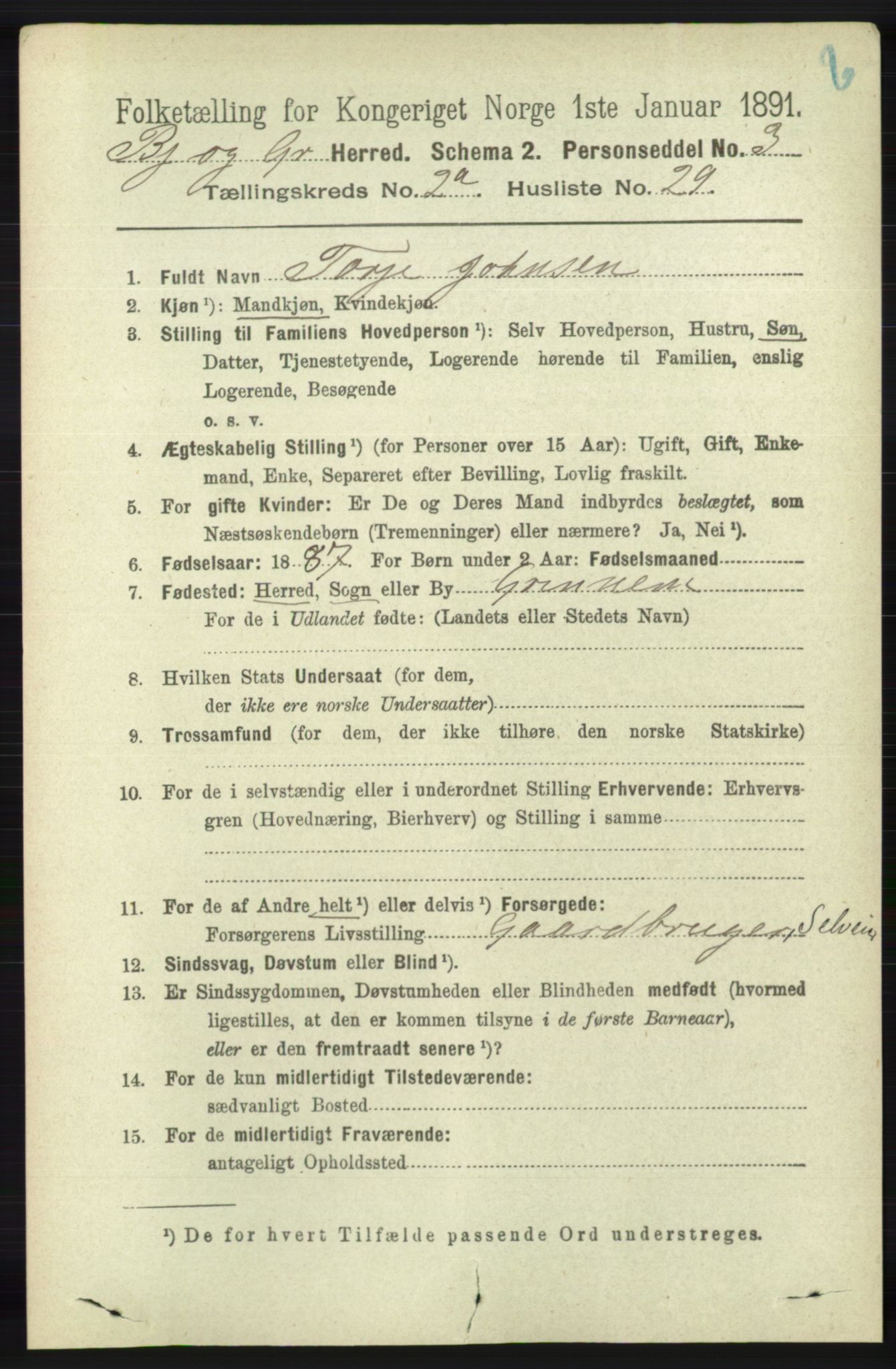 RA, 1891 census for 1024 Bjelland og Grindheim, 1891, p. 483