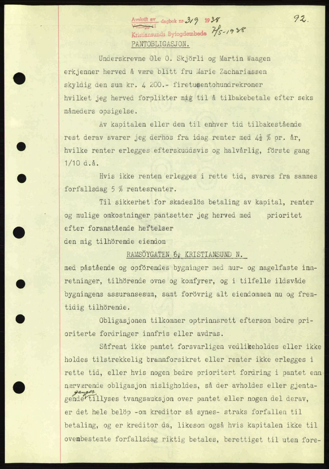 Kristiansund byfogd, SAT/A-4587/A/27: Mortgage book no. 31, 1938-1939, Diary no: : 319/1938