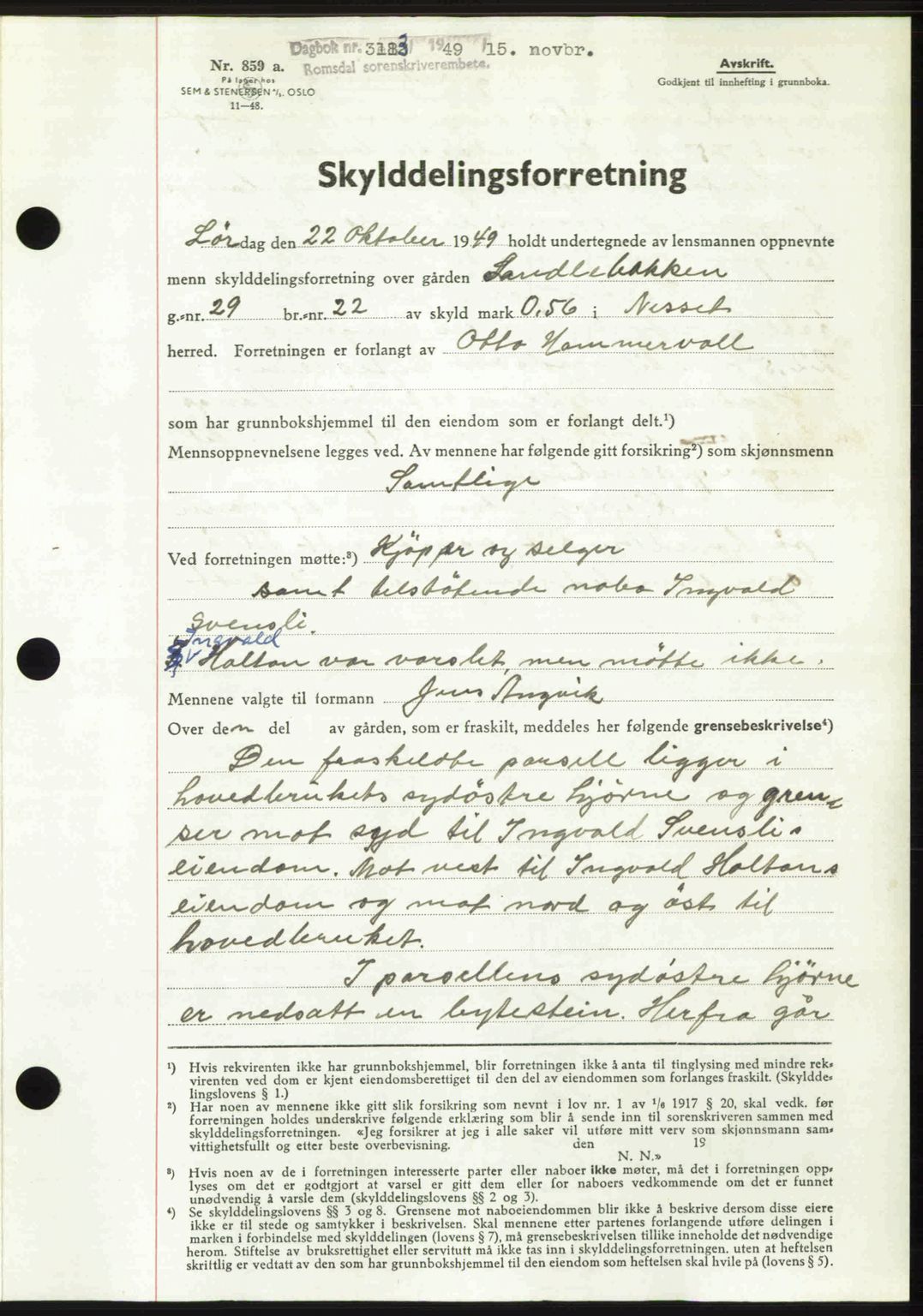 Romsdal sorenskriveri, AV/SAT-A-4149/1/2/2C: Mortgage book no. A31, 1949-1949, Diary no: : 3183/1949