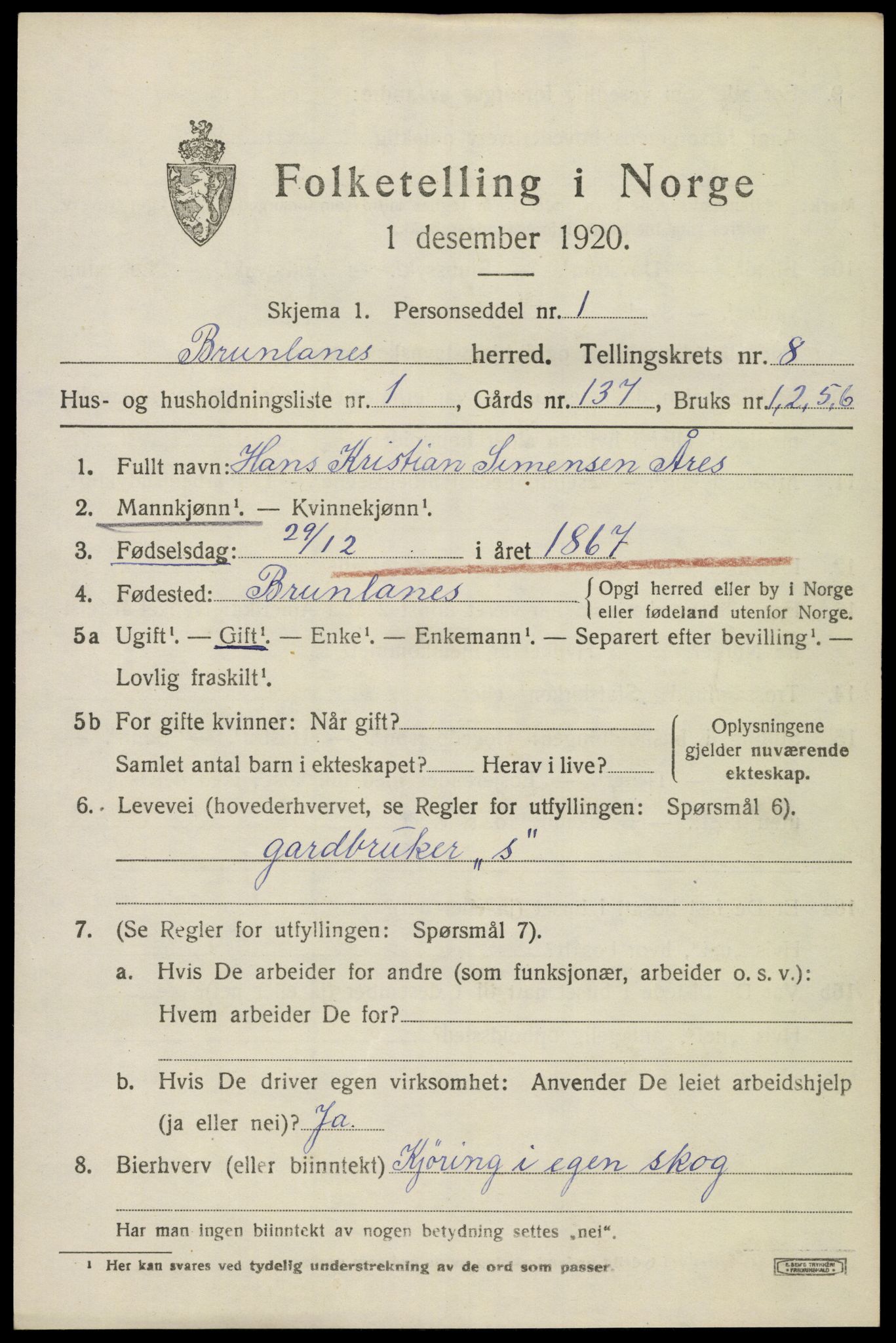 SAKO, 1920 census for Brunlanes, 1920, p. 7661