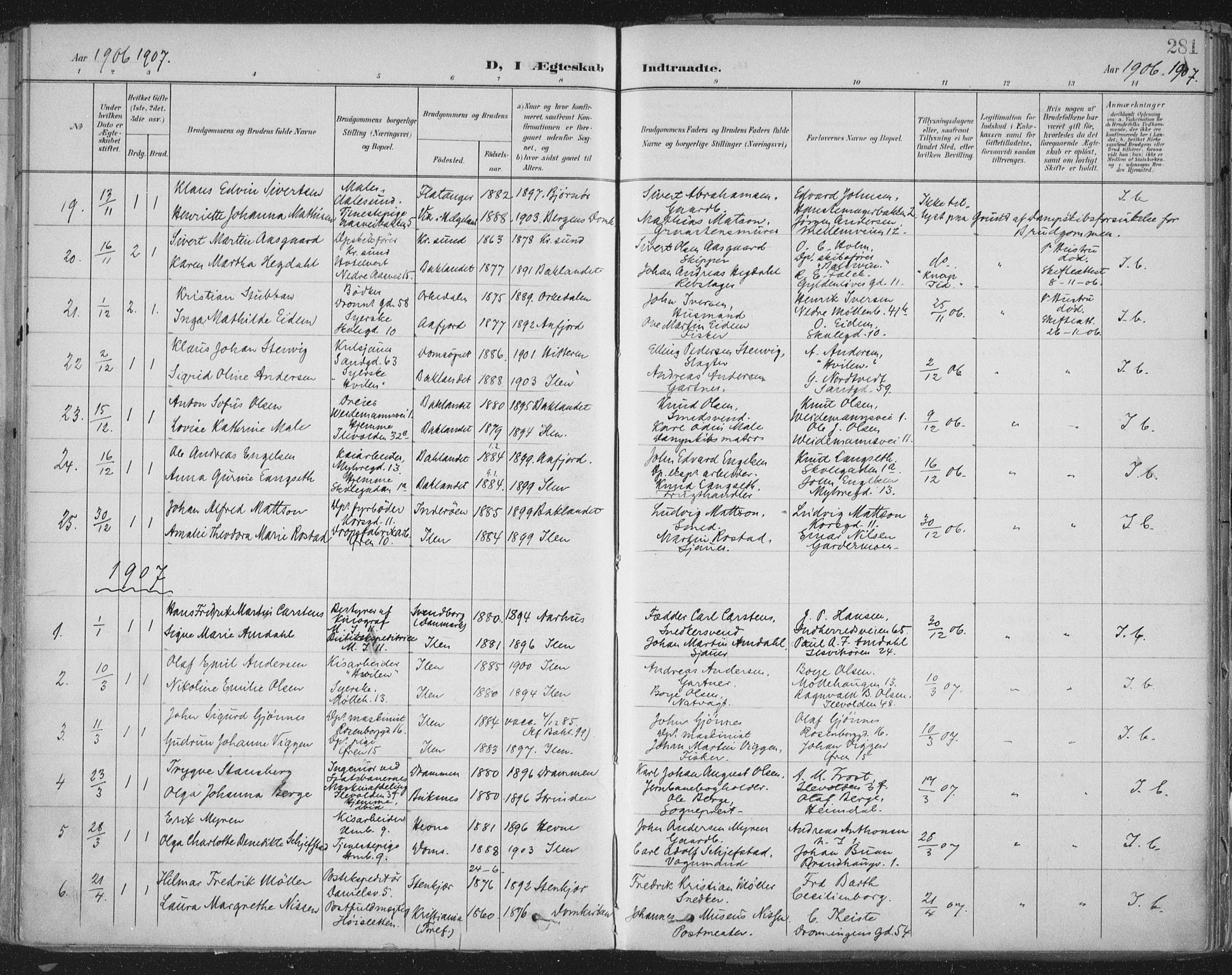 Ministerialprotokoller, klokkerbøker og fødselsregistre - Sør-Trøndelag, AV/SAT-A-1456/603/L0167: Parish register (official) no. 603A06, 1896-1932, p. 281