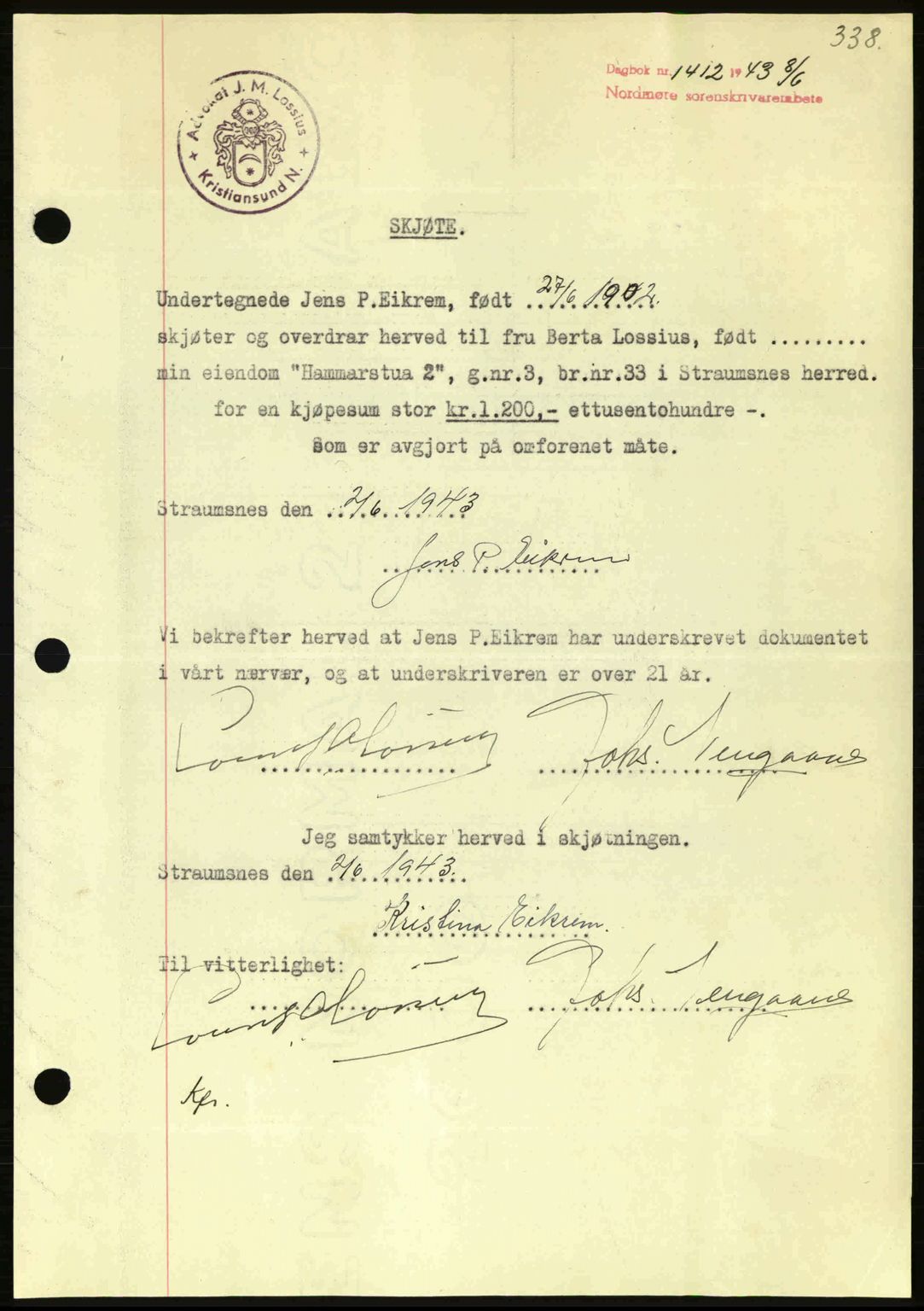 Nordmøre sorenskriveri, AV/SAT-A-4132/1/2/2Ca: Mortgage book no. A95, 1943-1943, Diary no: : 1412/1943