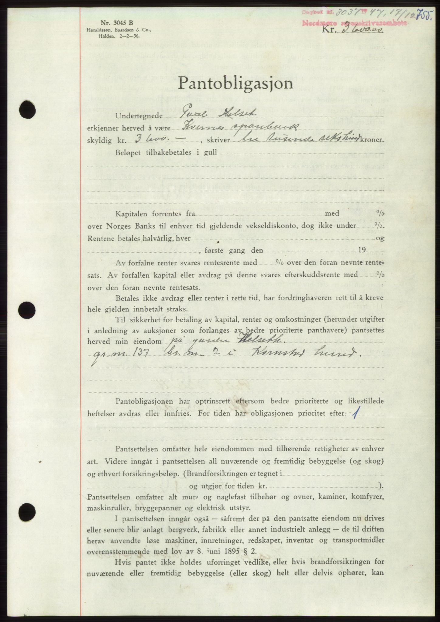 Nordmøre sorenskriveri, AV/SAT-A-4132/1/2/2Ca: Mortgage book no. B97, 1947-1948, Diary no: : 3037/1947