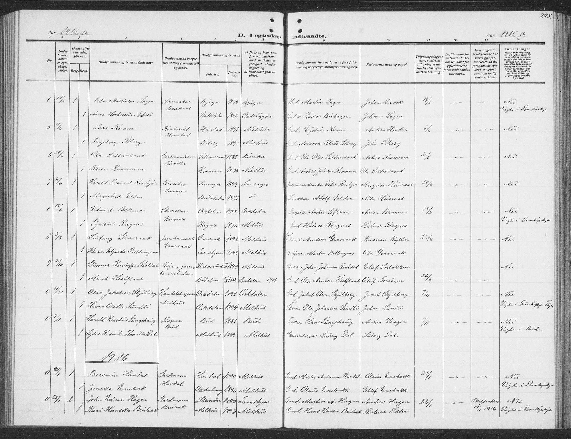 Ministerialprotokoller, klokkerbøker og fødselsregistre - Sør-Trøndelag, AV/SAT-A-1456/691/L1095: Parish register (copy) no. 691C06, 1912-1933, p. 225