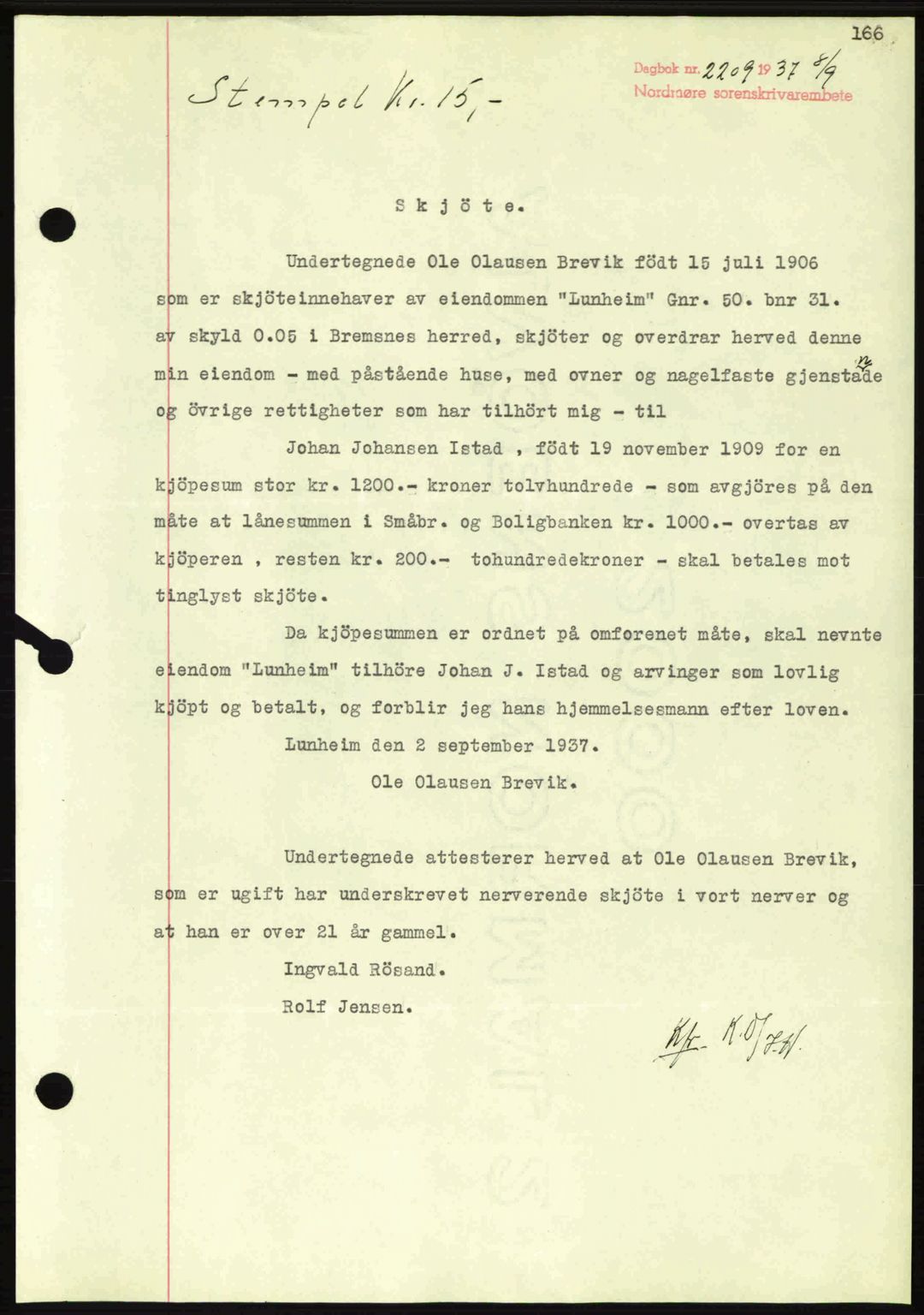 Nordmøre sorenskriveri, SAT/A-4132/1/2/2Ca: Mortgage book no. A82, 1937-1938, Diary no: : 2209/1937