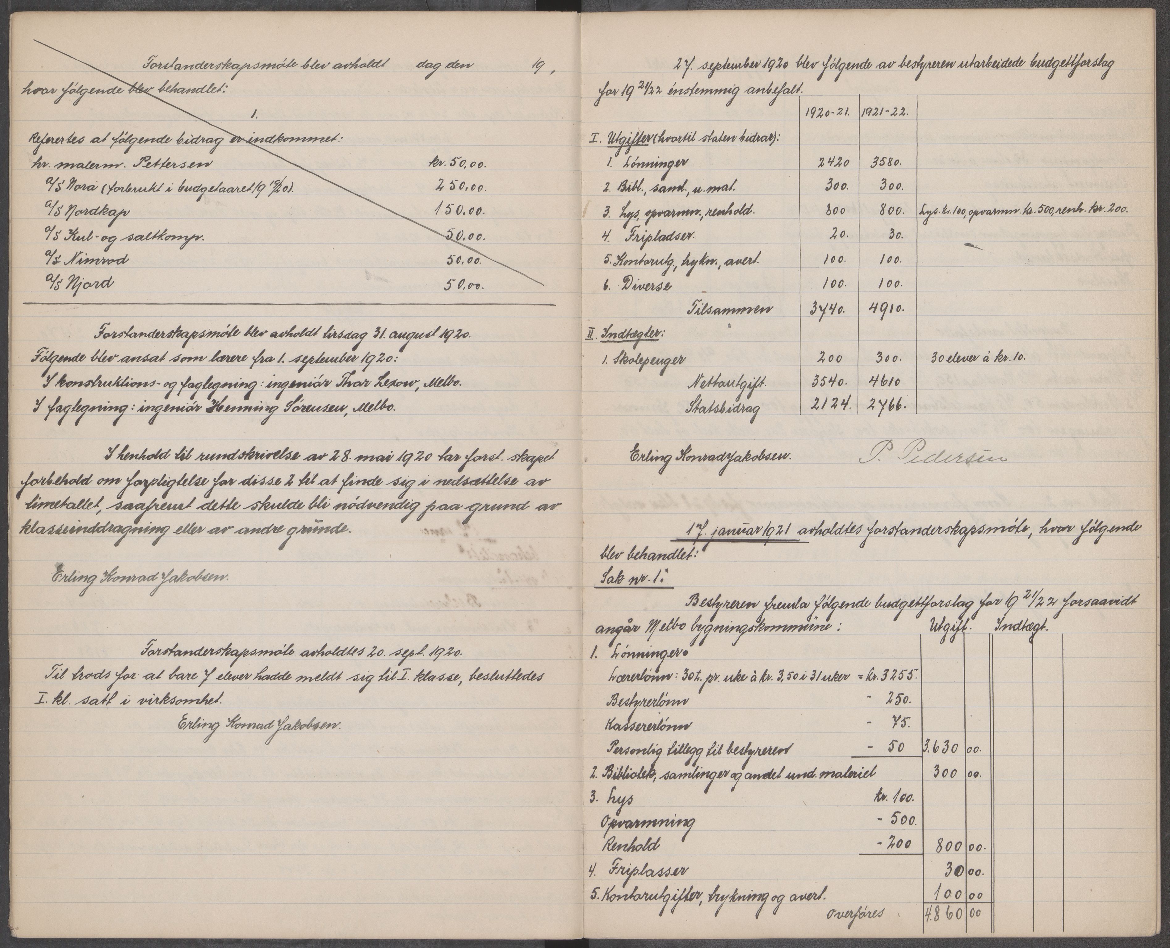 Hadsel kommune. Melbu tekniske aftenskole, AIN/K-18660.510.34/A/L0001: Forhandlingsprotokoll for forstanderskapet ved Melbu tekniske aftenskole, 1919-1923