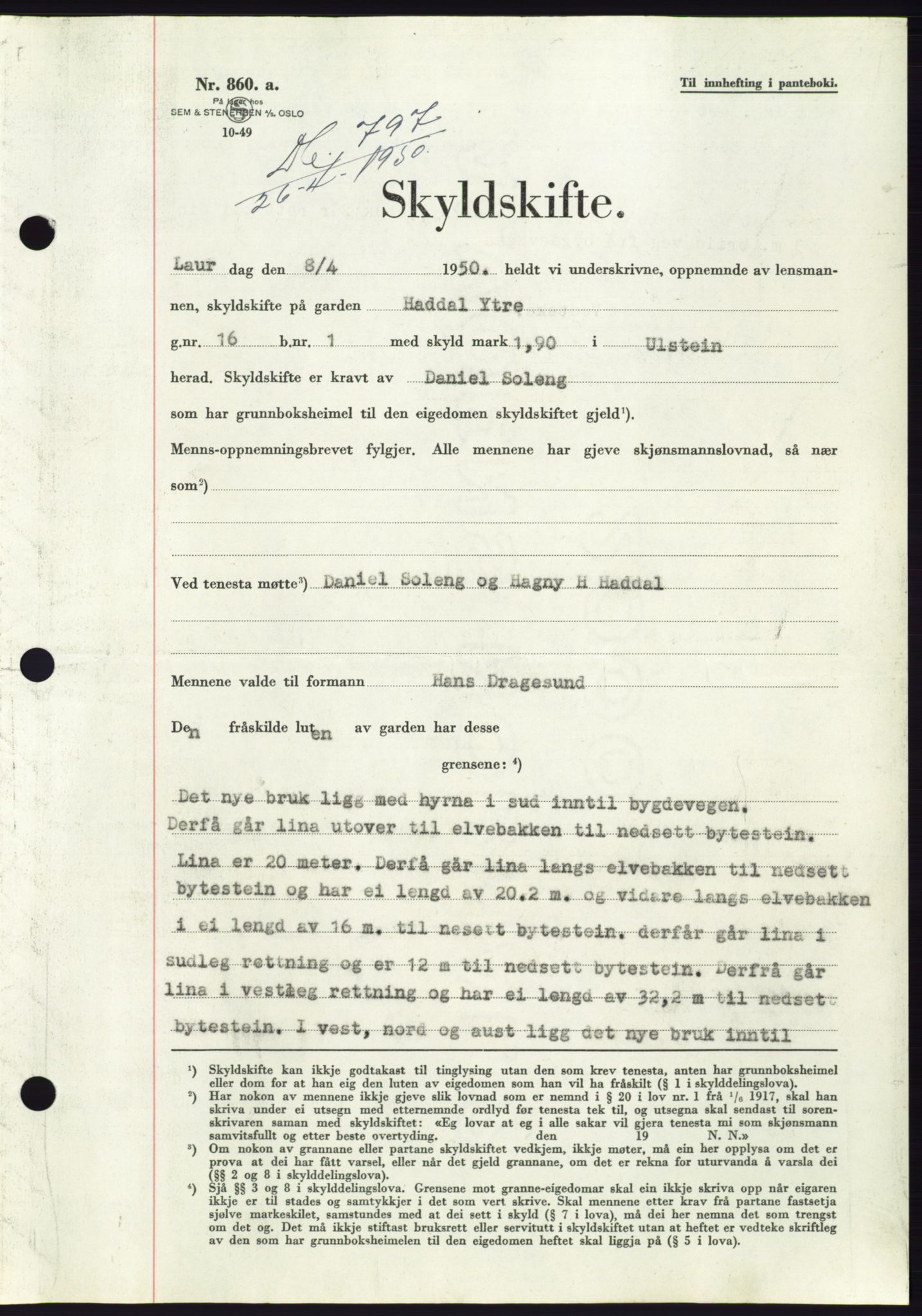 Søre Sunnmøre sorenskriveri, AV/SAT-A-4122/1/2/2C/L0086: Mortgage book no. 12A, 1949-1950, Diary no: : 797/1950