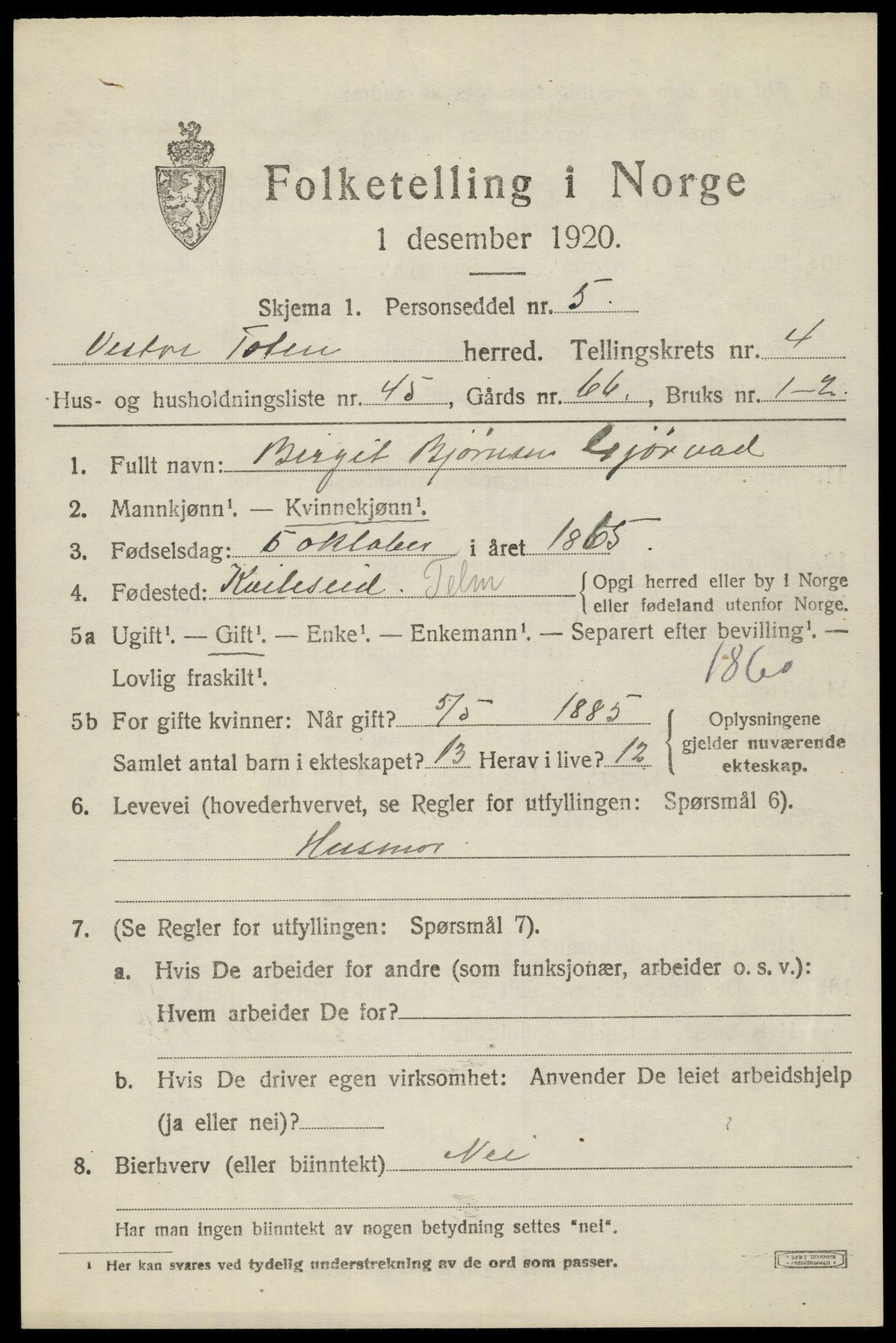 SAH, 1920 census for Vestre Toten, 1920, p. 6184