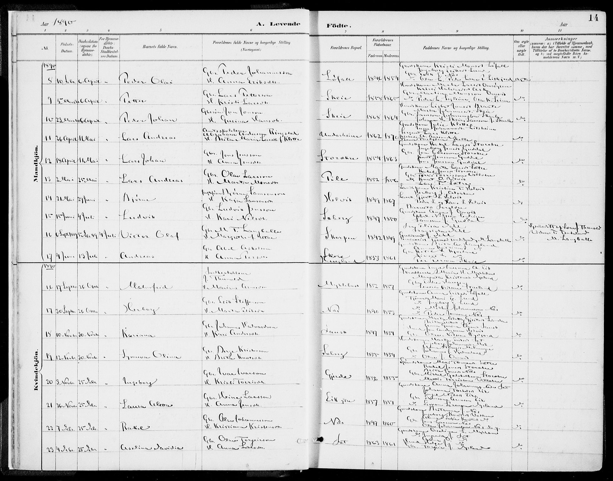 Kvinnherad sokneprestembete, SAB/A-76401/H/Haa: Parish register (official) no. B  1, 1887-1921, p. 14