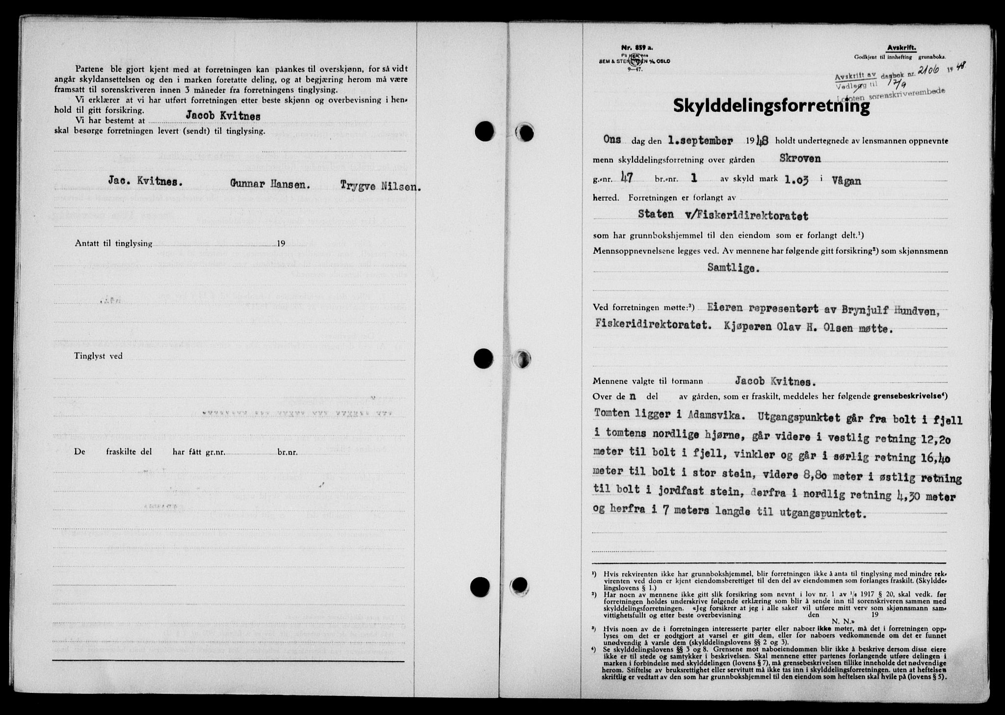 Lofoten sorenskriveri, SAT/A-0017/1/2/2C/L0019a: Mortgage book no. 19a, 1948-1948, Diary no: : 2106/1948