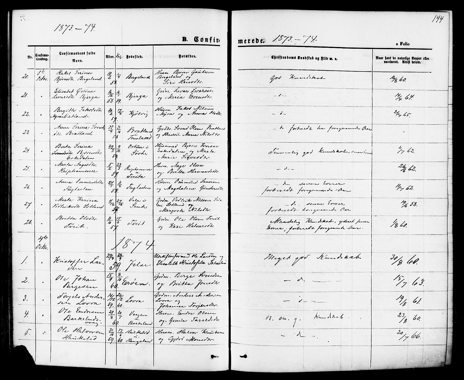 Jelsa sokneprestkontor, AV/SAST-A-101842/01/IV: Parish register (official) no. A 8, 1867-1883, p. 144