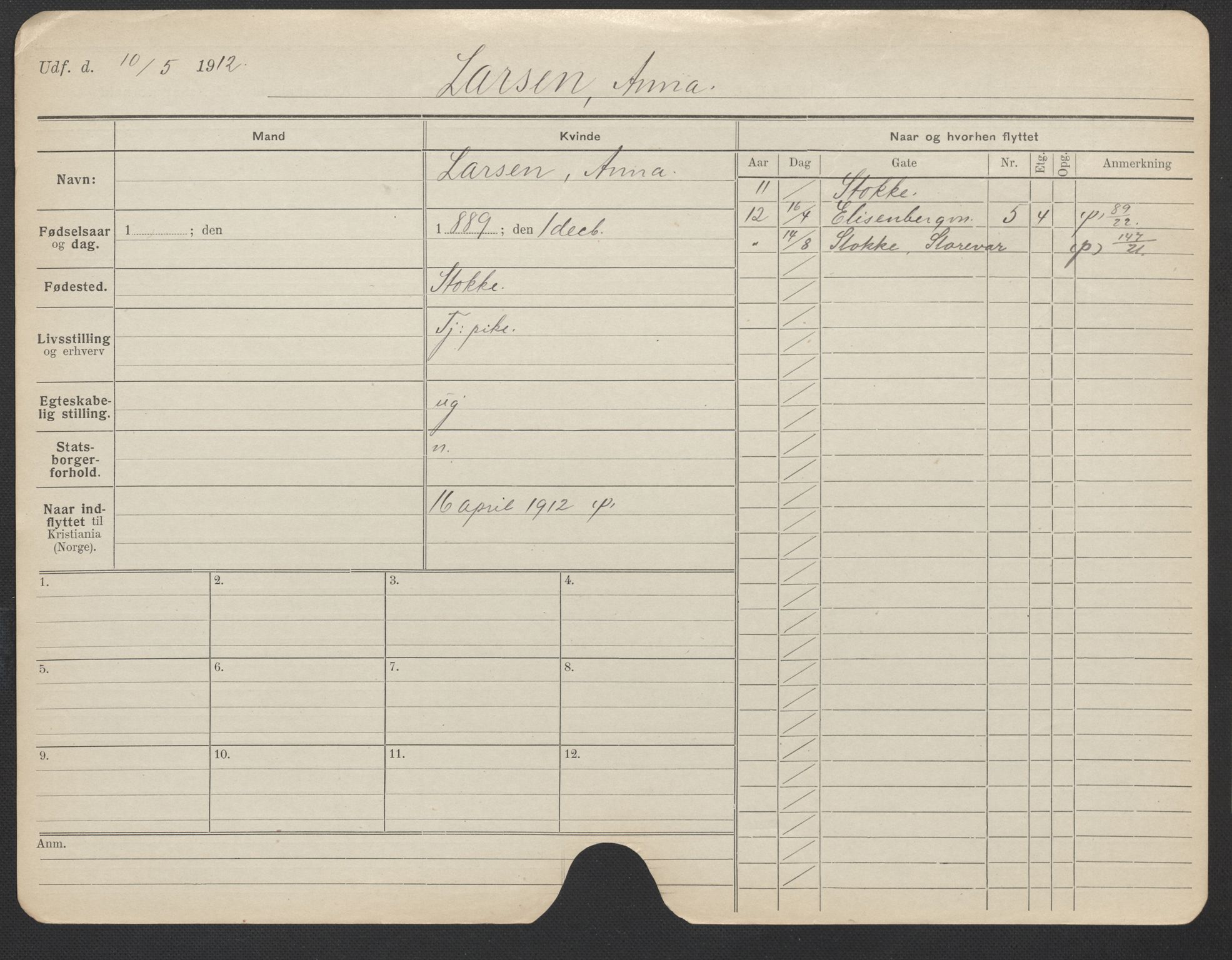 Oslo folkeregister, Registerkort, AV/SAO-A-11715/F/Fa/Fac/L0019: Kvinner, 1906-1914, p. 801a