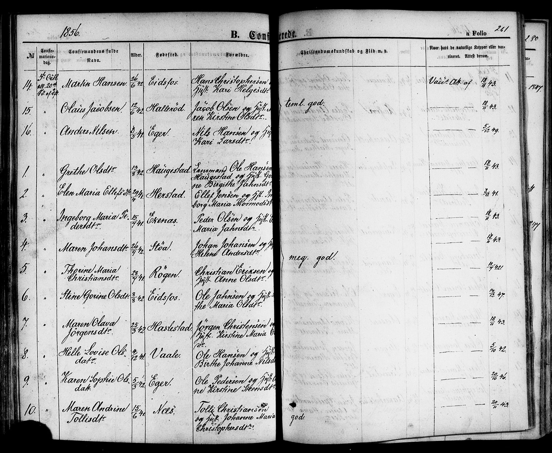 Hof kirkebøker, AV/SAKO-A-64/F/Fa/L0006: Parish register (official) no. I 6, 1851-1877, p. 261