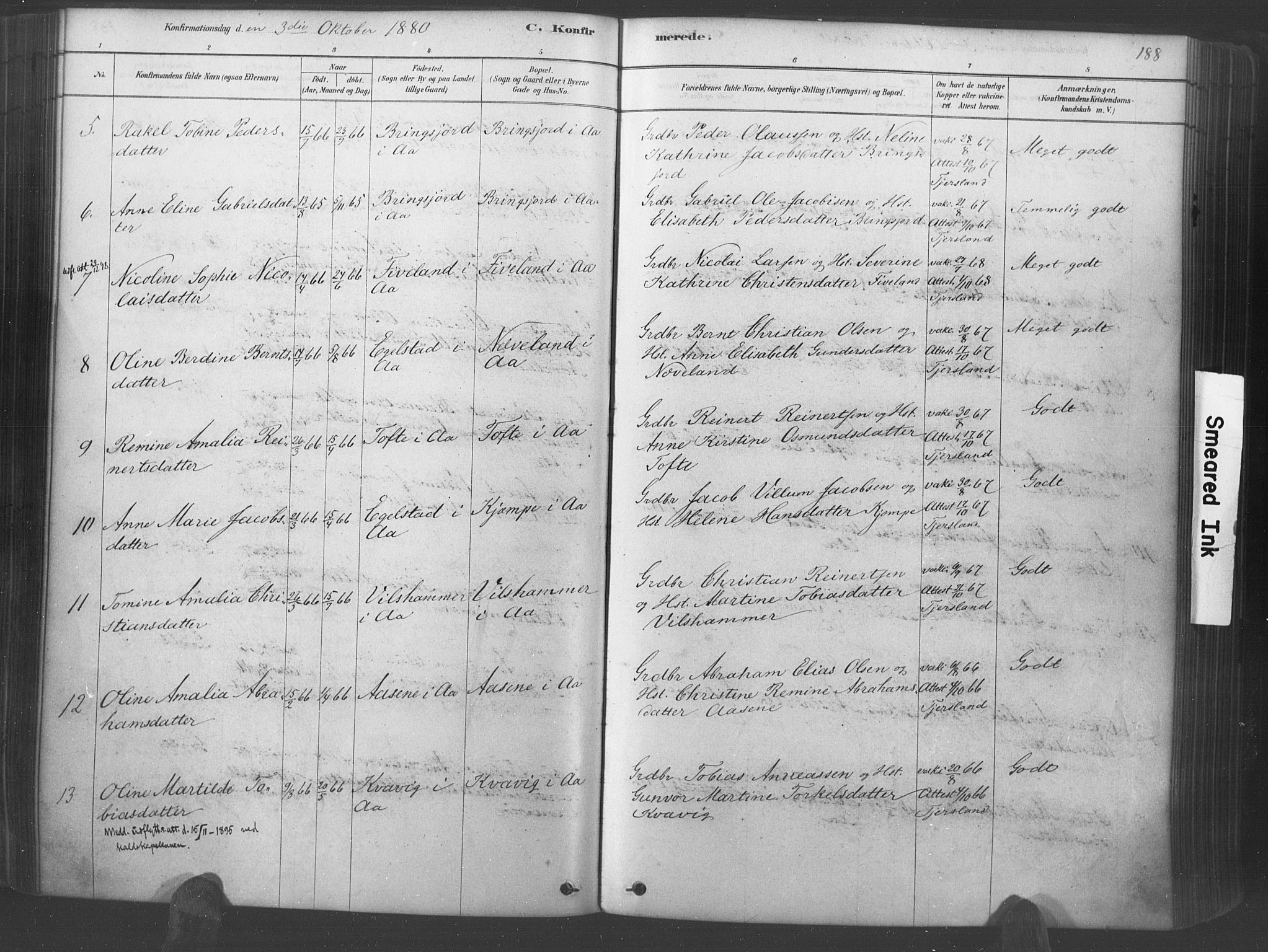 Lyngdal sokneprestkontor, AV/SAK-1111-0029/F/Fa/Fac/L0011: Parish register (official) no. A 11, 1878-1893, p. 188