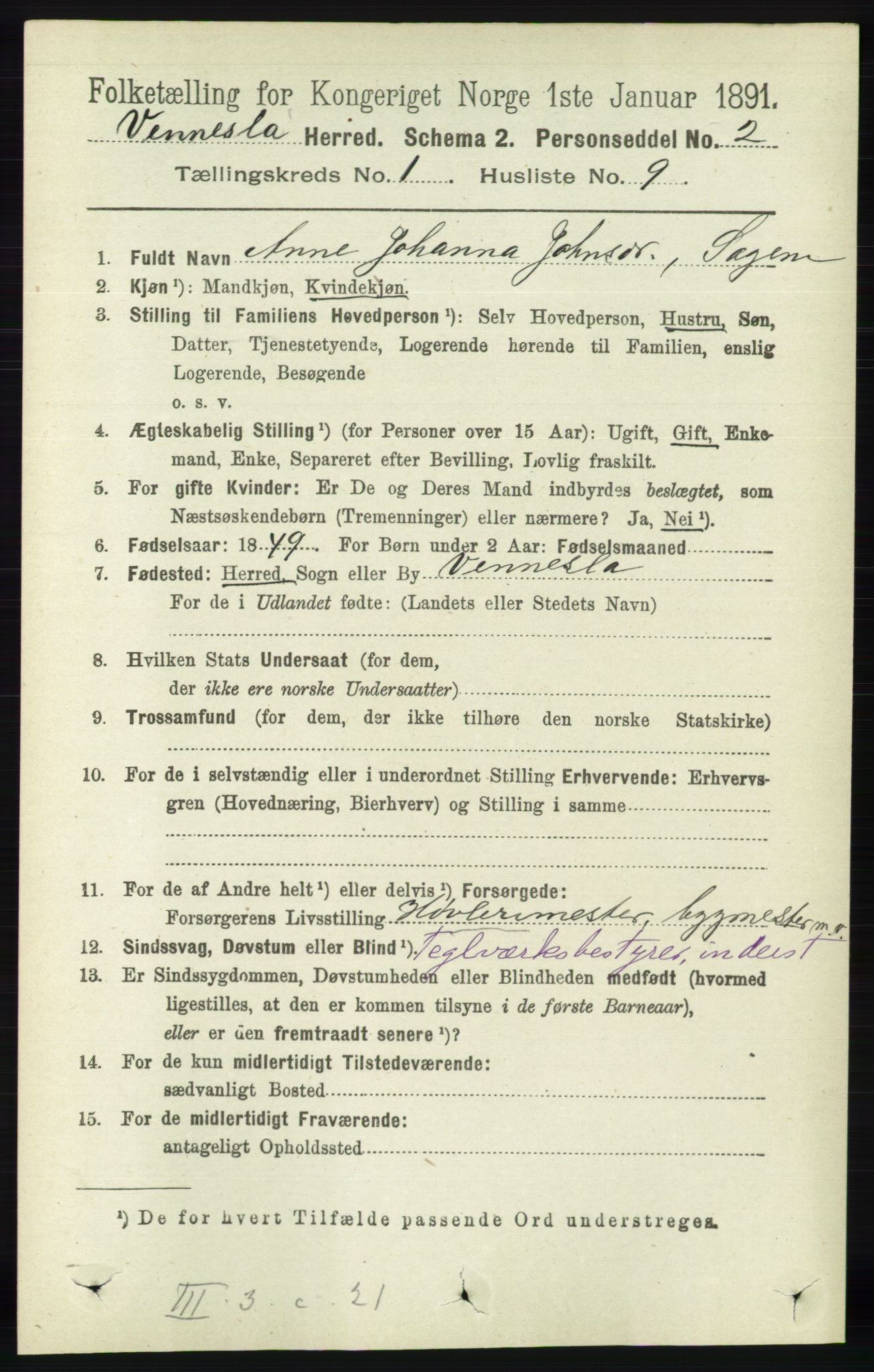 RA, 1891 census for 1014 Vennesla, 1891, p. 114