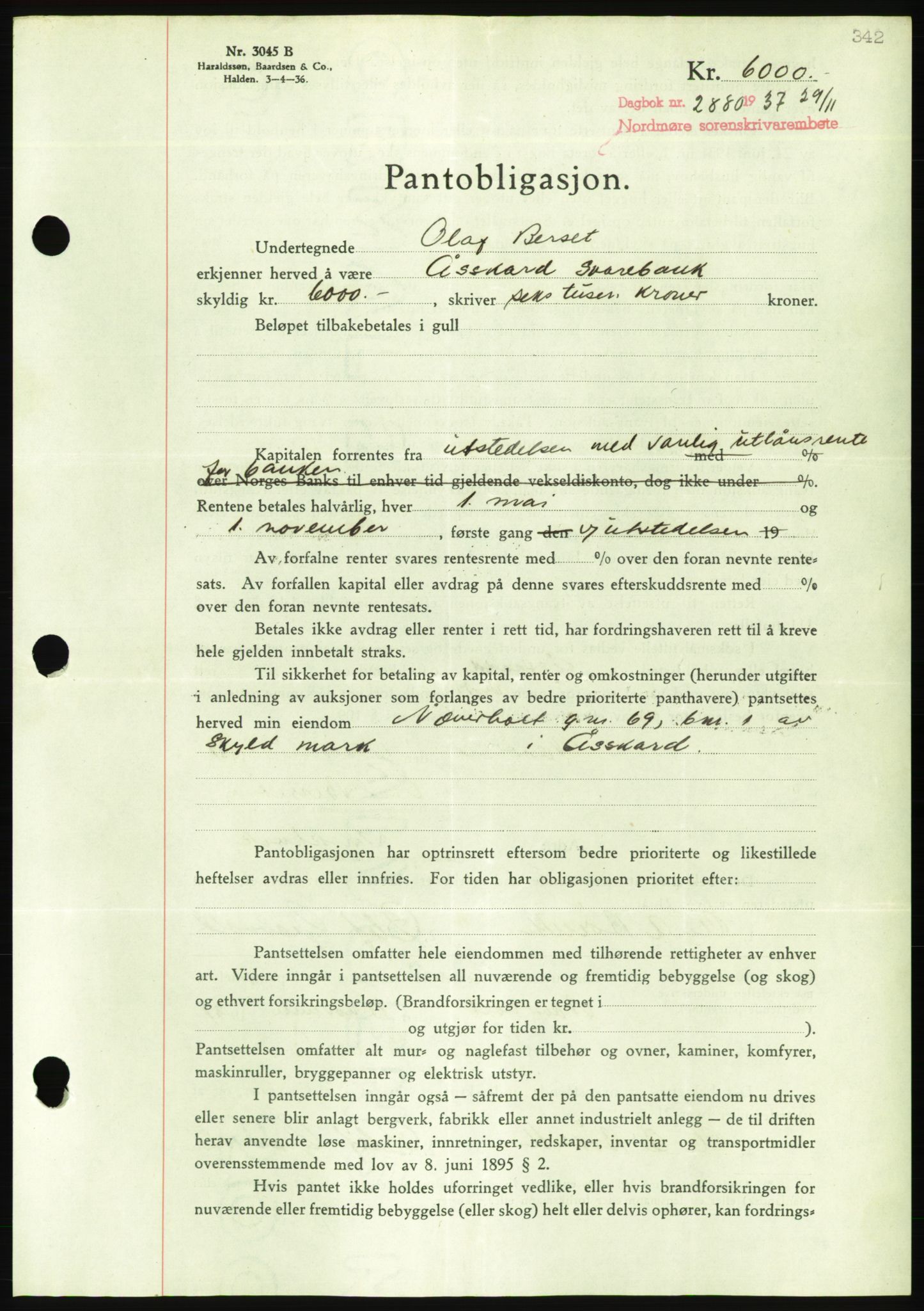 Nordmøre sorenskriveri, AV/SAT-A-4132/1/2/2Ca/L0092: Mortgage book no. B82, 1937-1938, Diary no: : 2880/1937