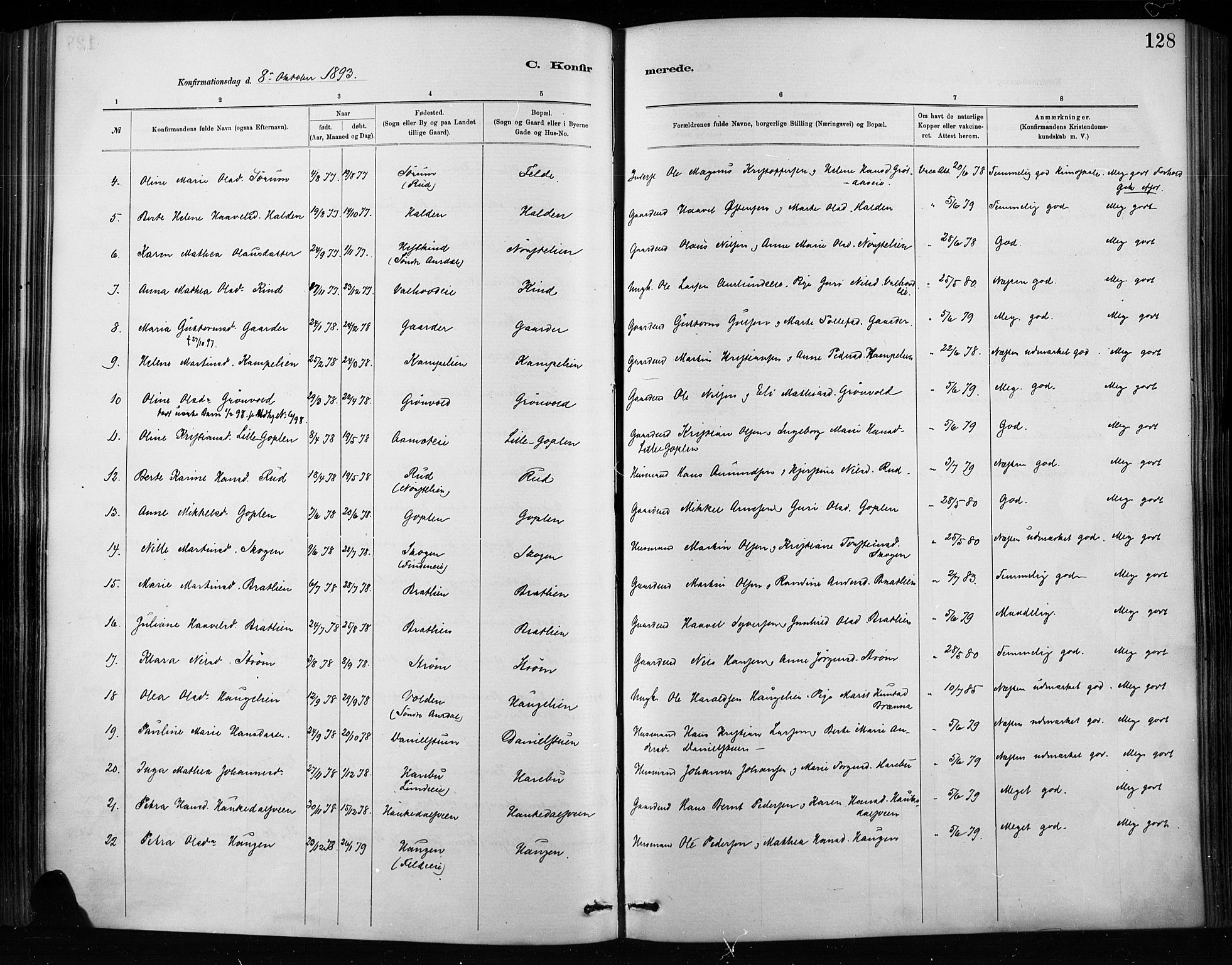 Nordre Land prestekontor, SAH/PREST-124/H/Ha/Haa/L0004: Parish register (official) no. 4, 1882-1896, p. 128