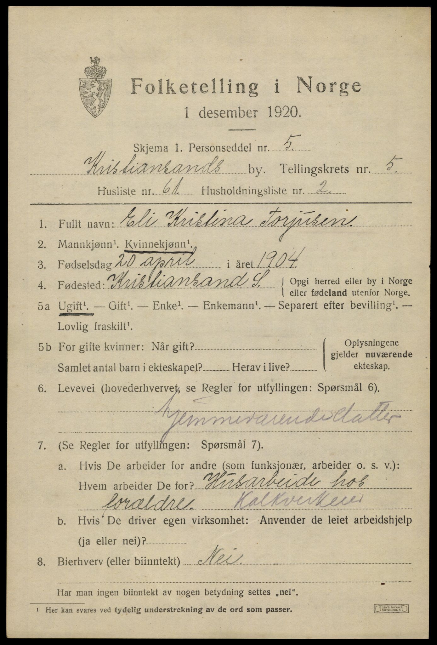 SAK, 1920 census for Kristiansand, 1920, p. 18201