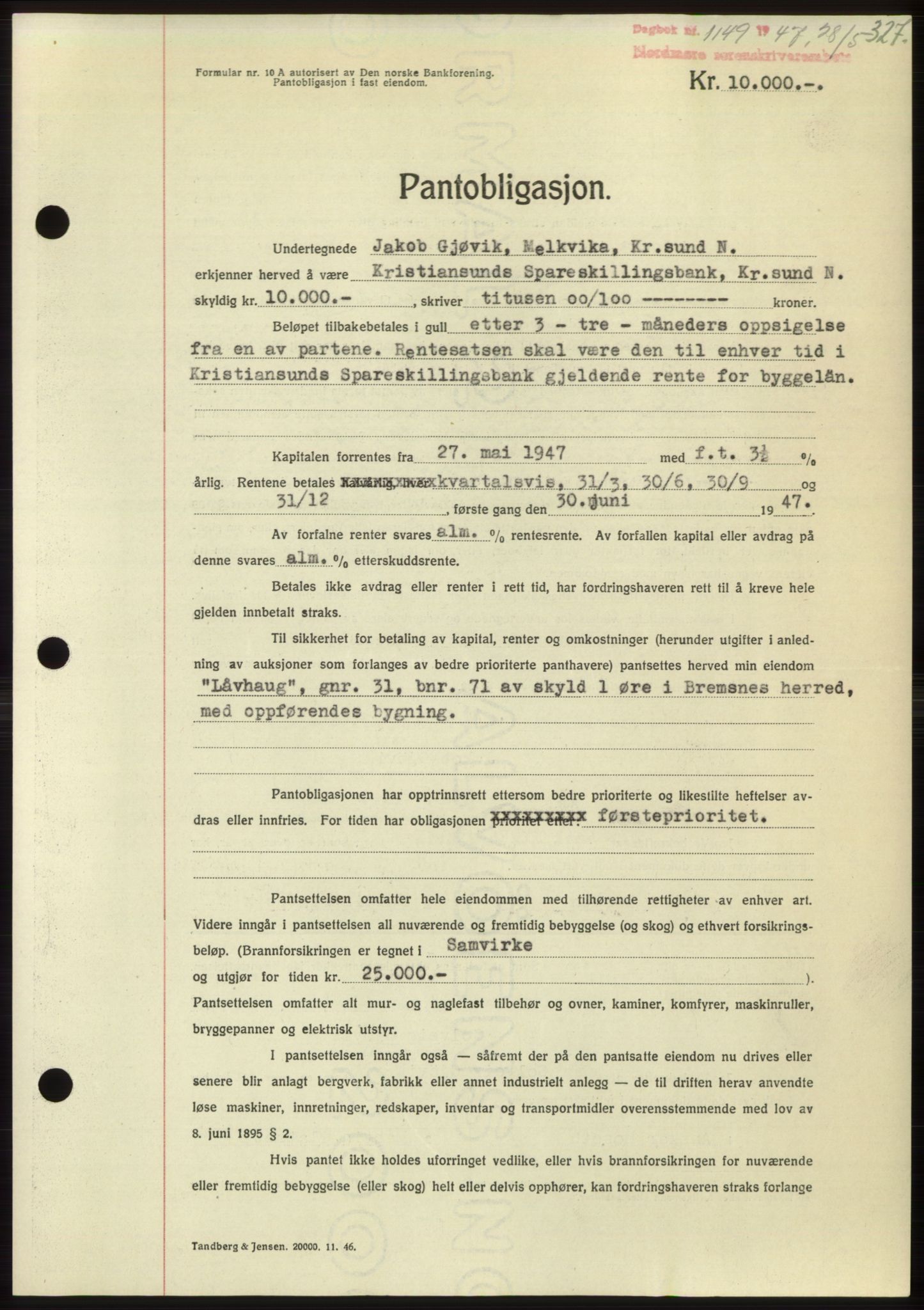 Nordmøre sorenskriveri, AV/SAT-A-4132/1/2/2Ca: Mortgage book no. B96, 1947-1947, Diary no: : 1149/1947