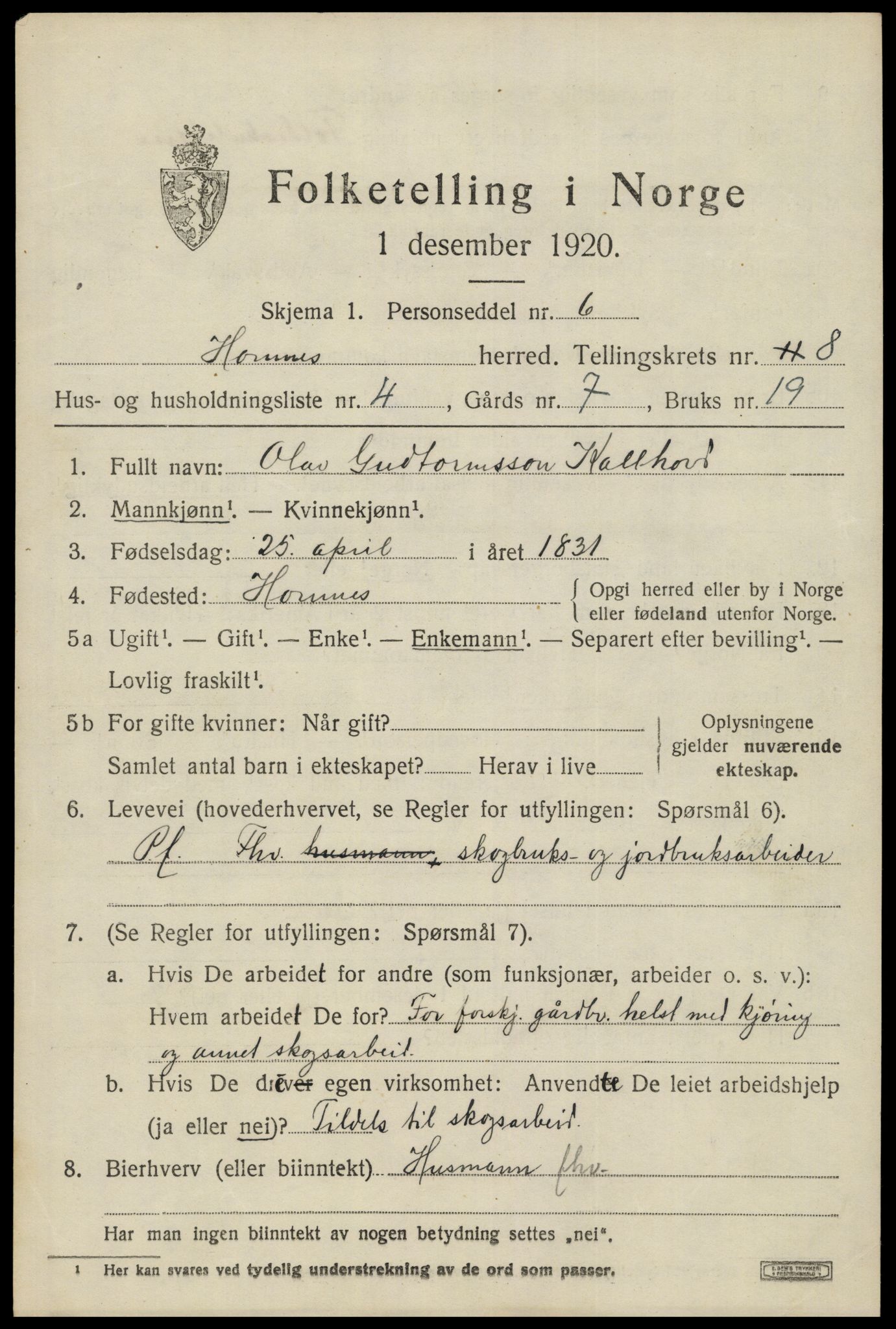 SAK, 1920 census for Hornnes, 1920, p. 1827