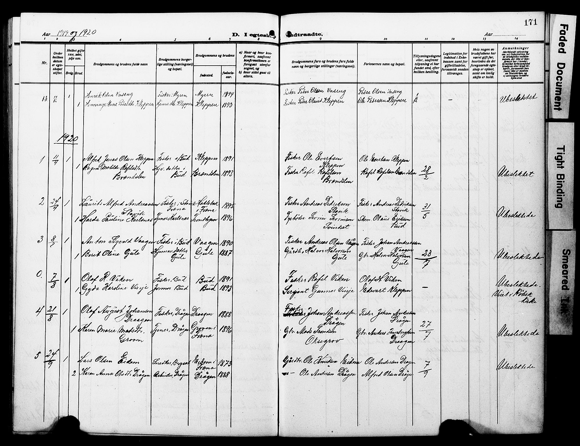 Ministerialprotokoller, klokkerbøker og fødselsregistre - Møre og Romsdal, SAT/A-1454/566/L0774: Parish register (copy) no. 566C03, 1910-1929, p. 171