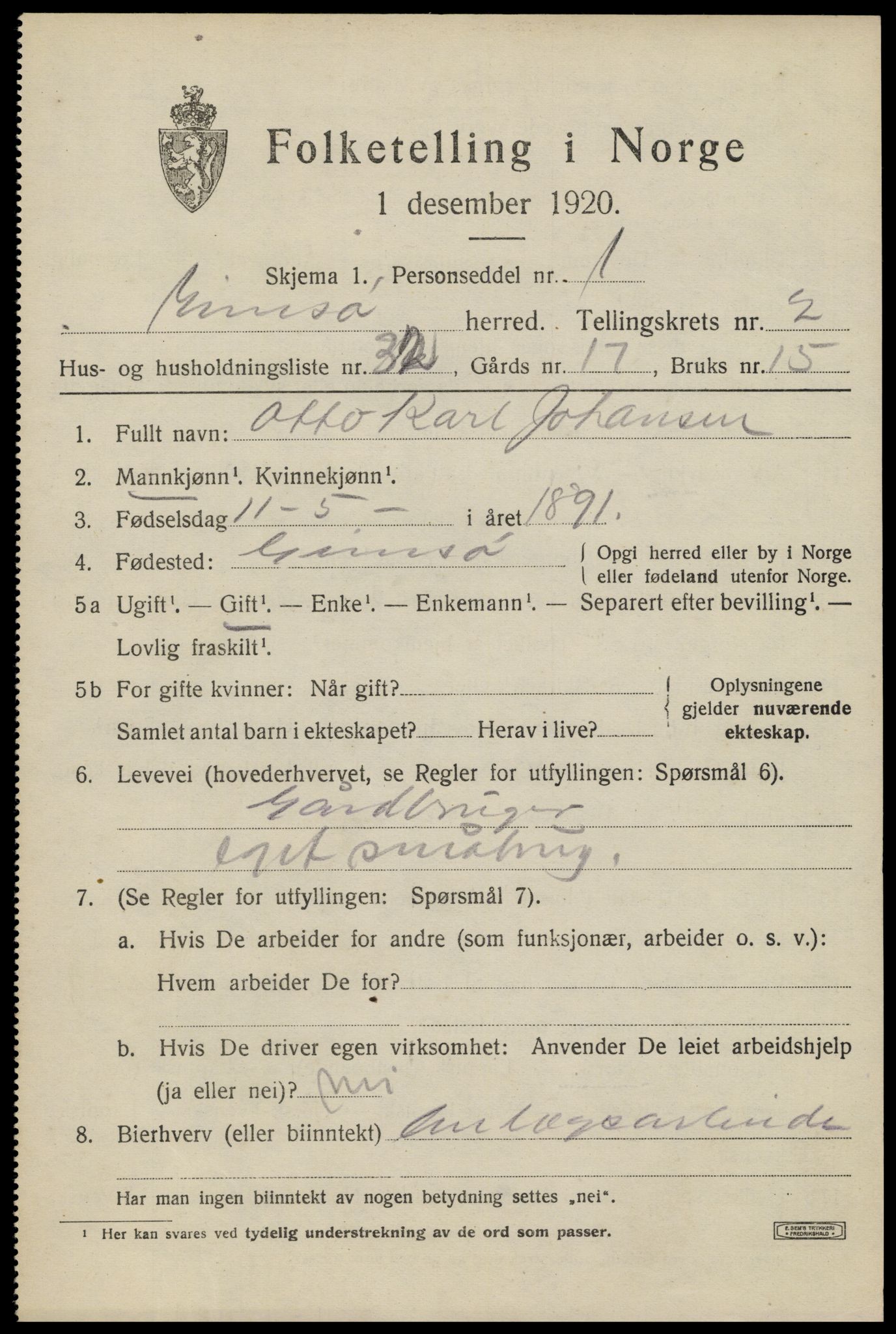 SAT, 1920 census for Gimsøy, 1920, p. 1645