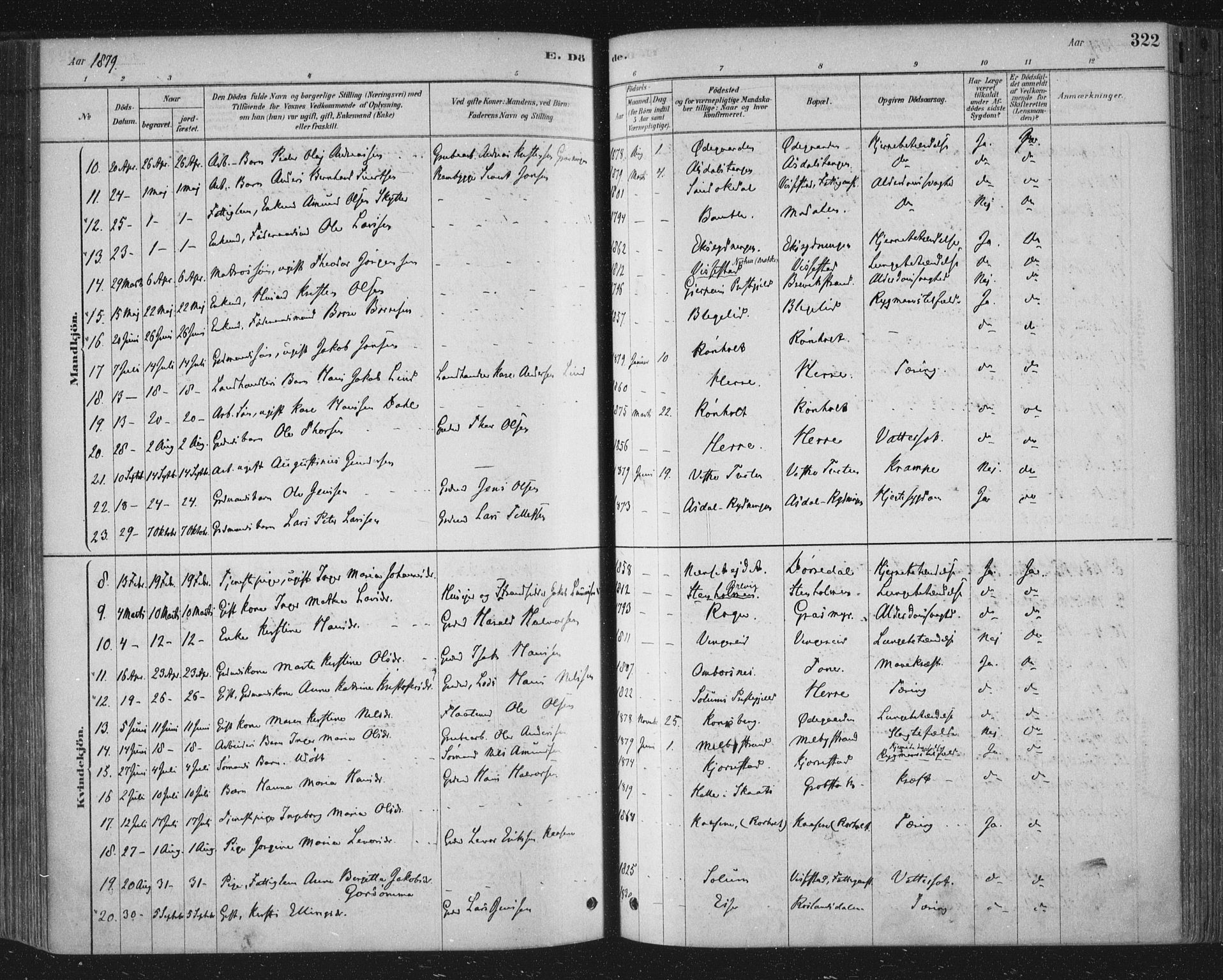 Bamble kirkebøker, SAKO/A-253/F/Fa/L0007: Parish register (official) no. I 7, 1878-1888, p. 322