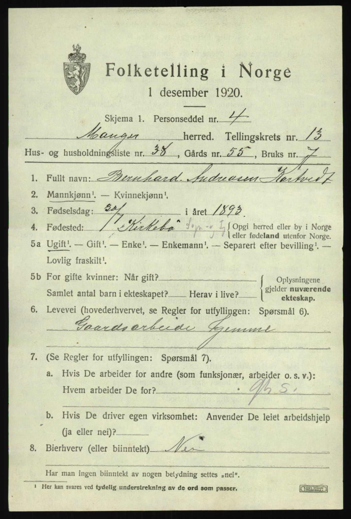SAB, 1920 census for Manger, 1920, p. 8256