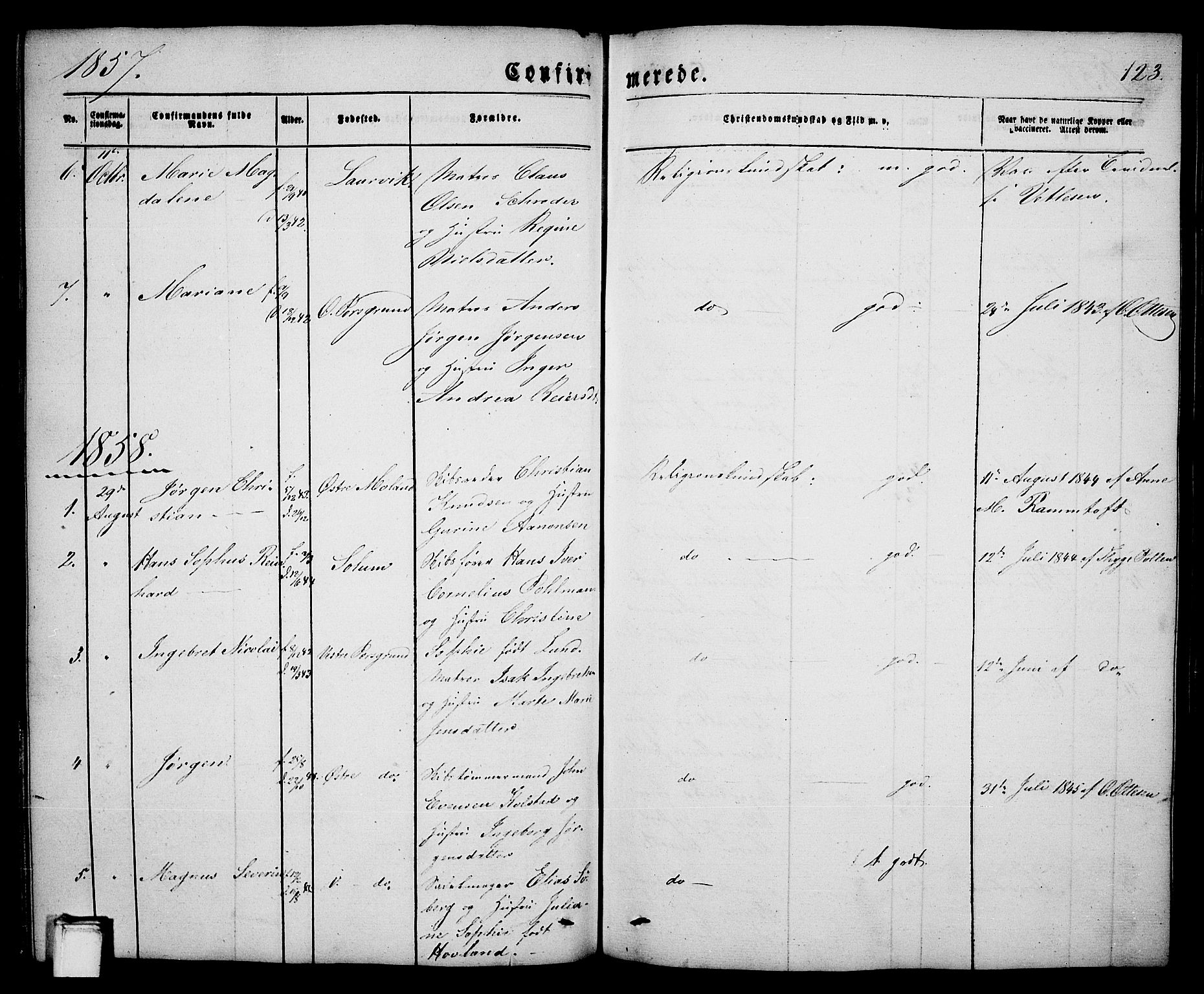 Porsgrunn kirkebøker , SAKO/A-104/G/Ga/L0002: Parish register (copy) no. I 2, 1847-1877, p. 123