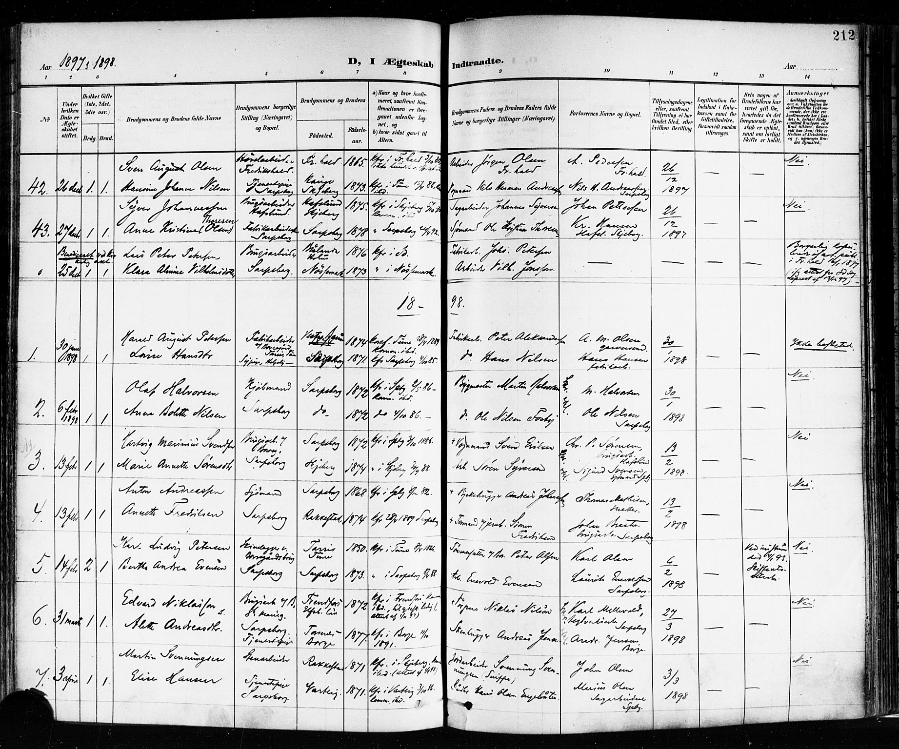 Sarpsborg prestekontor Kirkebøker, SAO/A-2006/F/Fa/L0004: Parish register (official) no. 4, 1892-1899, p. 212