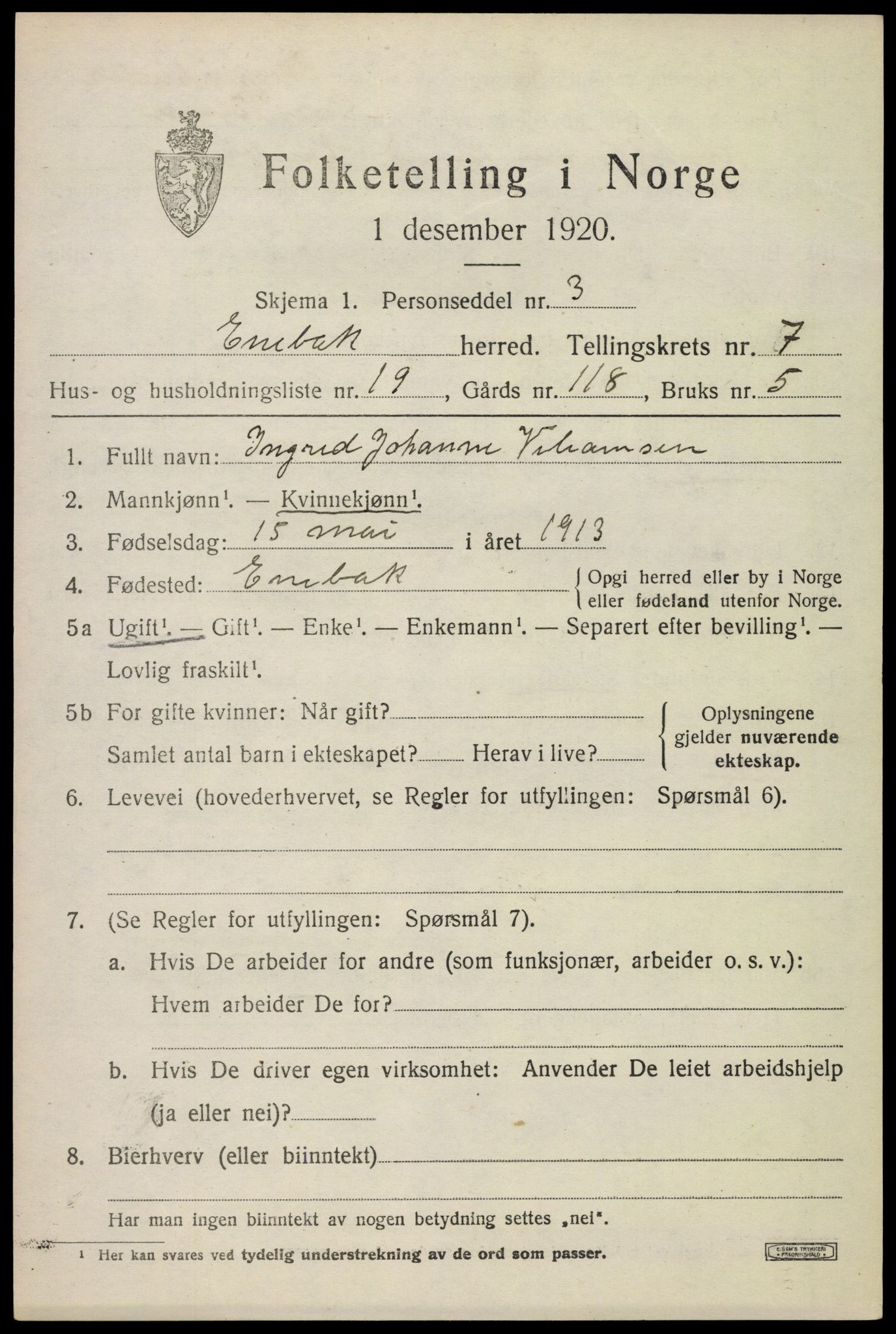 SAO, 1920 census for Enebakk, 1920, p. 6331