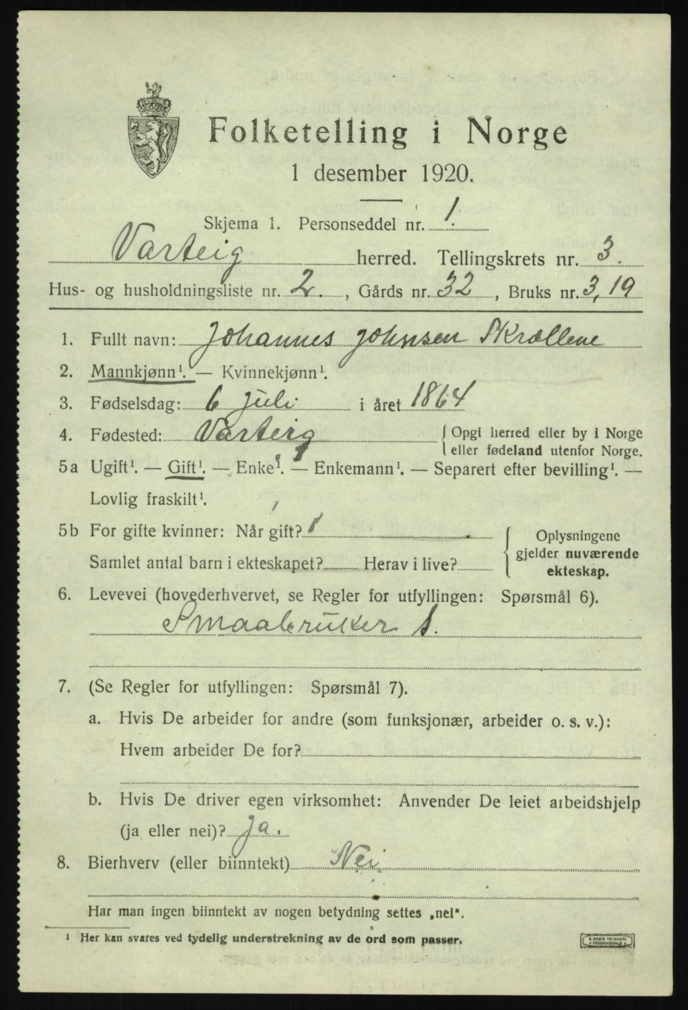 SAO, 1920 census for Varteig, 1920, p. 1949