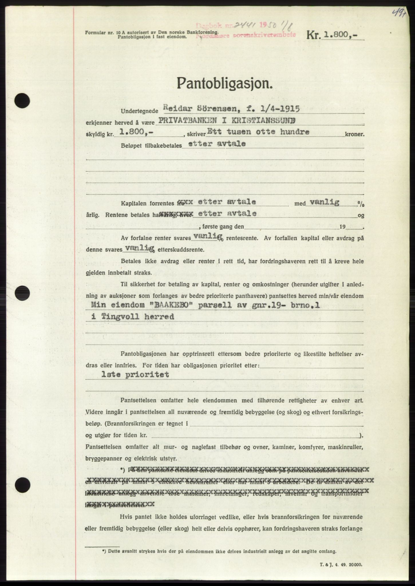 Nordmøre sorenskriveri, AV/SAT-A-4132/1/2/2Ca: Mortgage book no. B105, 1950-1950, Diary no: : 2441/1950