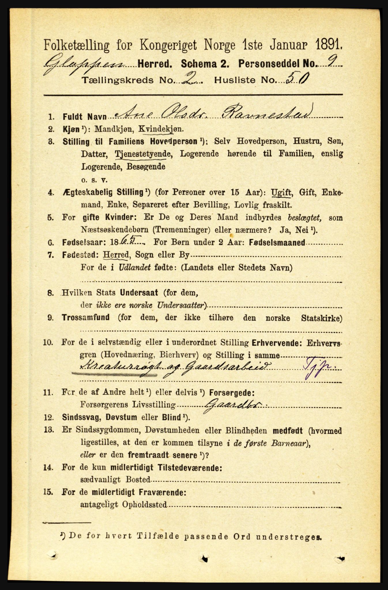 RA, 1891 census for 1445 Gloppen, 1891, p. 965