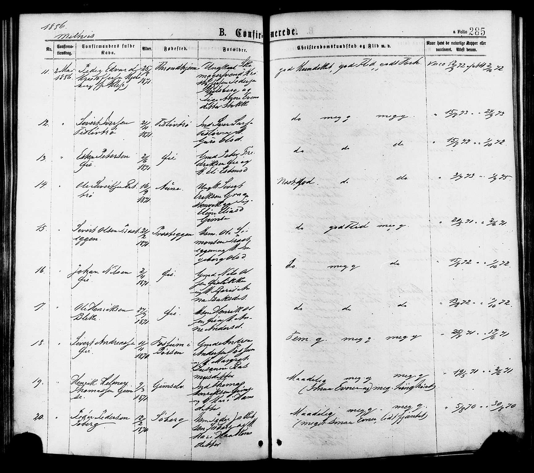 Ministerialprotokoller, klokkerbøker og fødselsregistre - Sør-Trøndelag, SAT/A-1456/691/L1079: Parish register (official) no. 691A11, 1873-1886, p. 285