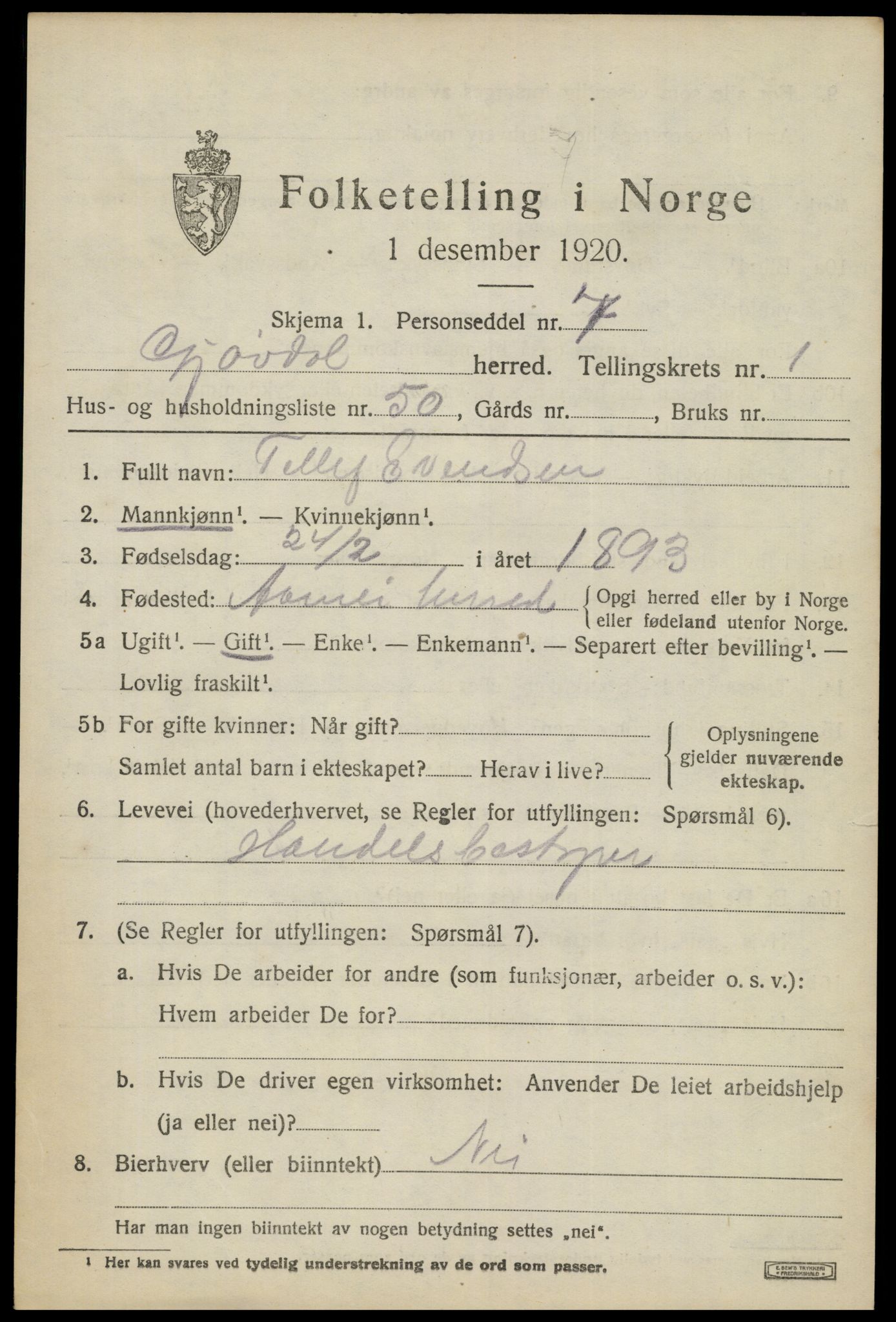 SAK, 1920 census for Gjøvdal, 1920, p. 822